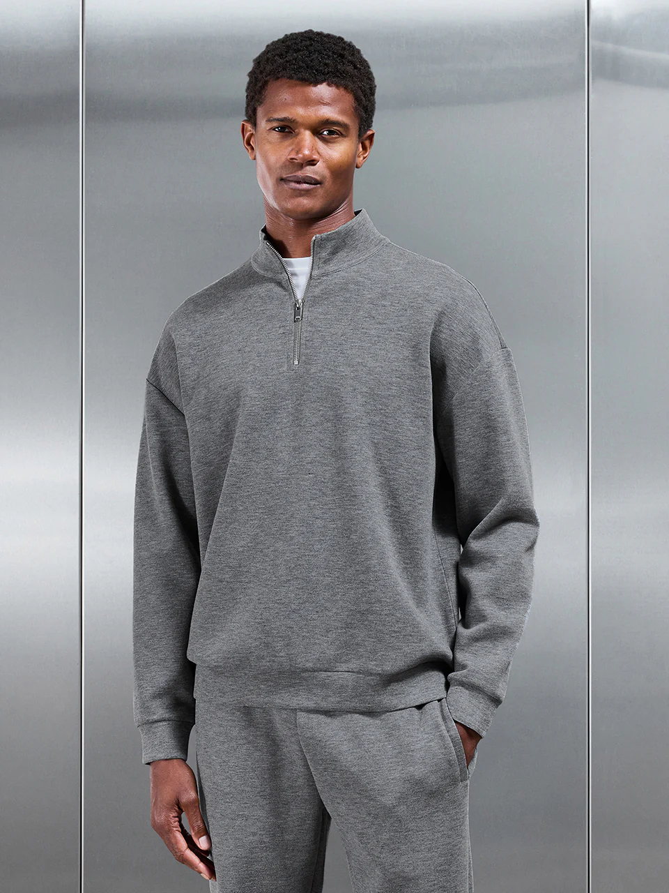 Relaxed Fit Knitted Half Zip in Charcoal Marl