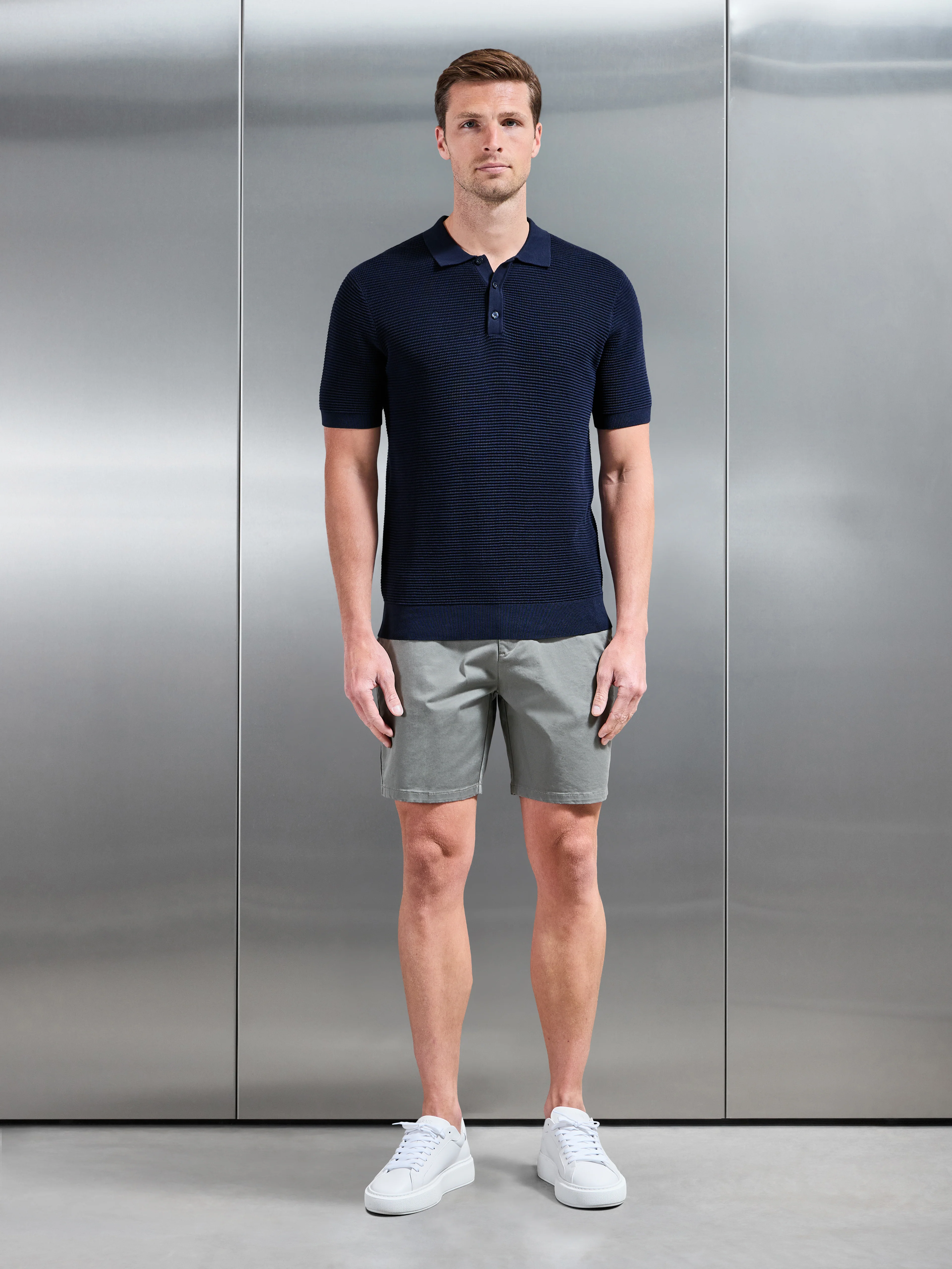 Ribbed Button Polo Shirt in Navy - Image 2