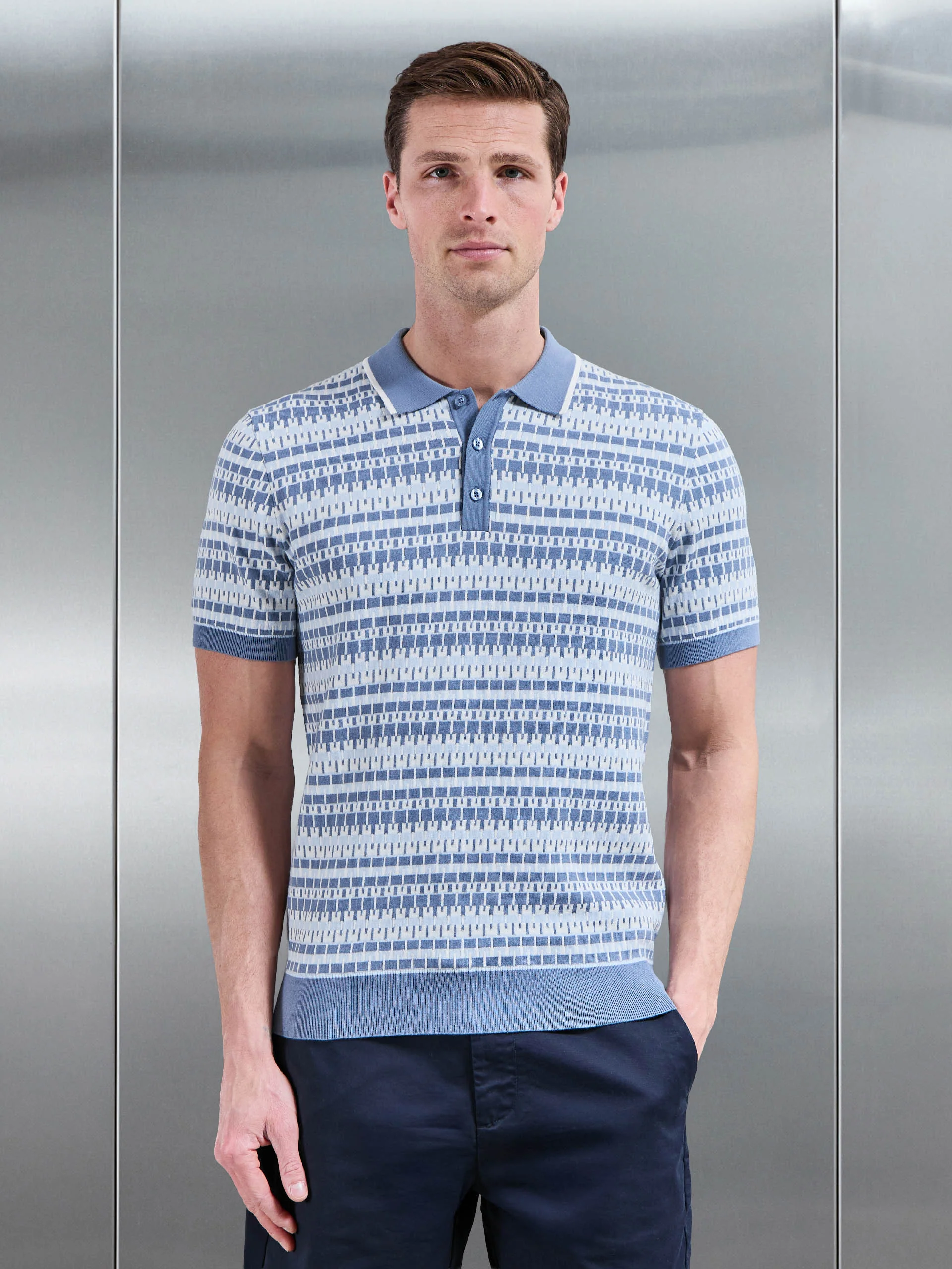 Roma Knitted Button Polo Shirt in Steel Blue