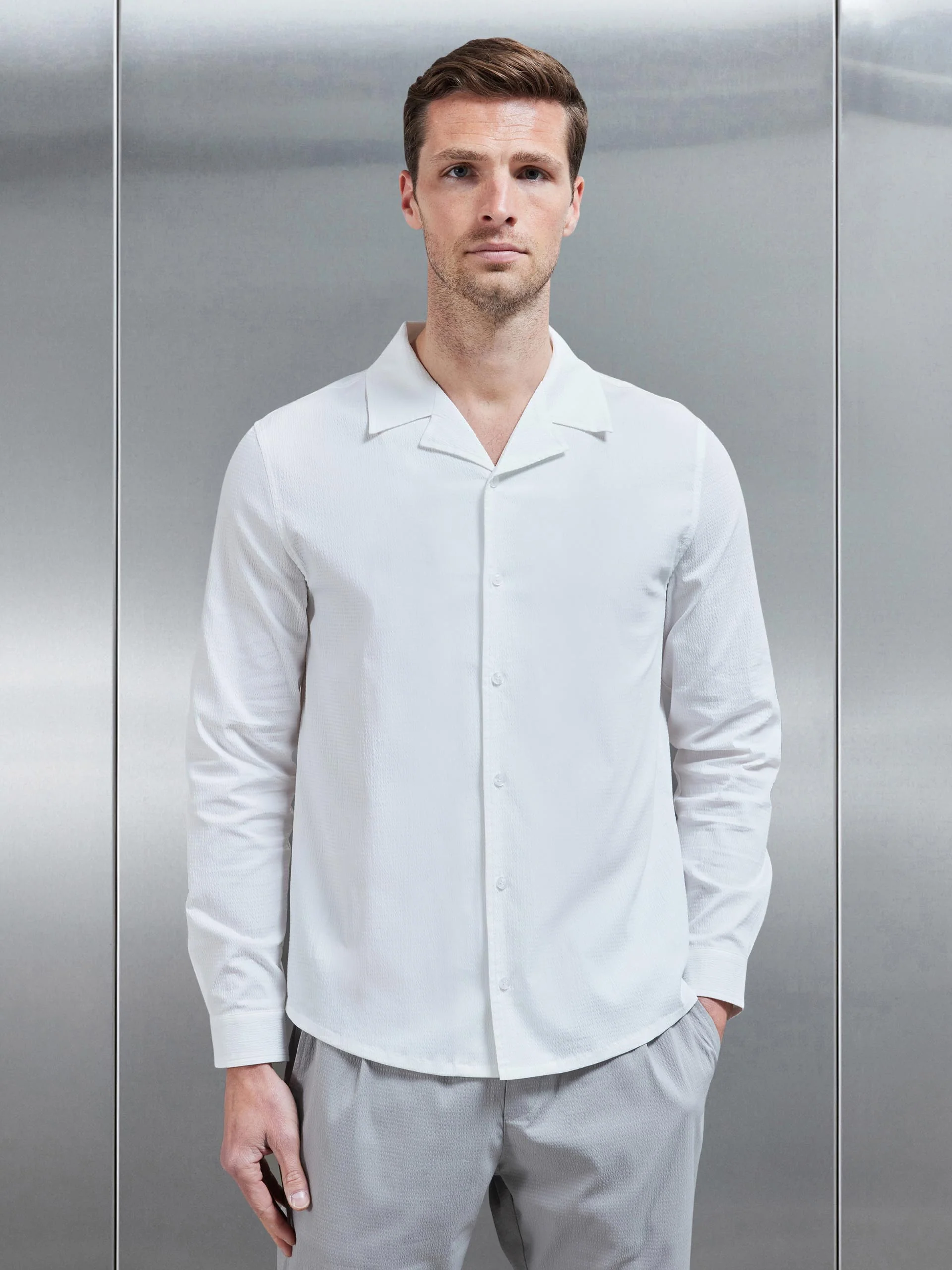 Seersucker Revere Collar Long Sleeve Shirt in White