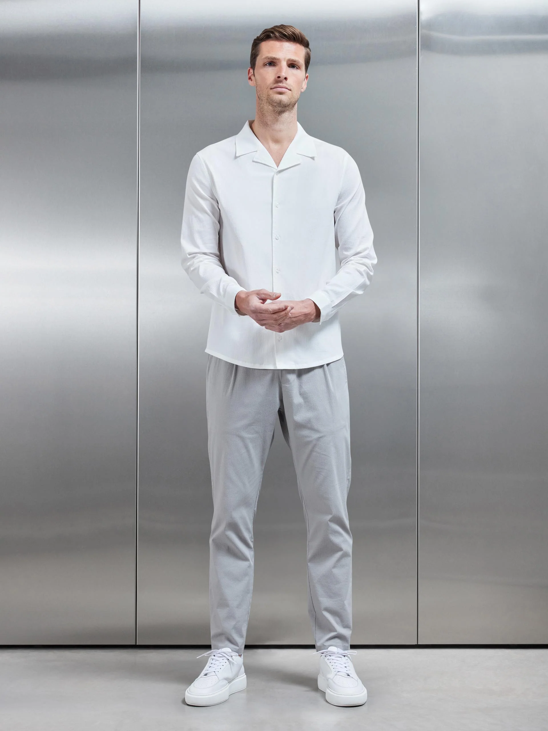 Seersucker Revere Collar Long Sleeve Shirt in White - Image 2