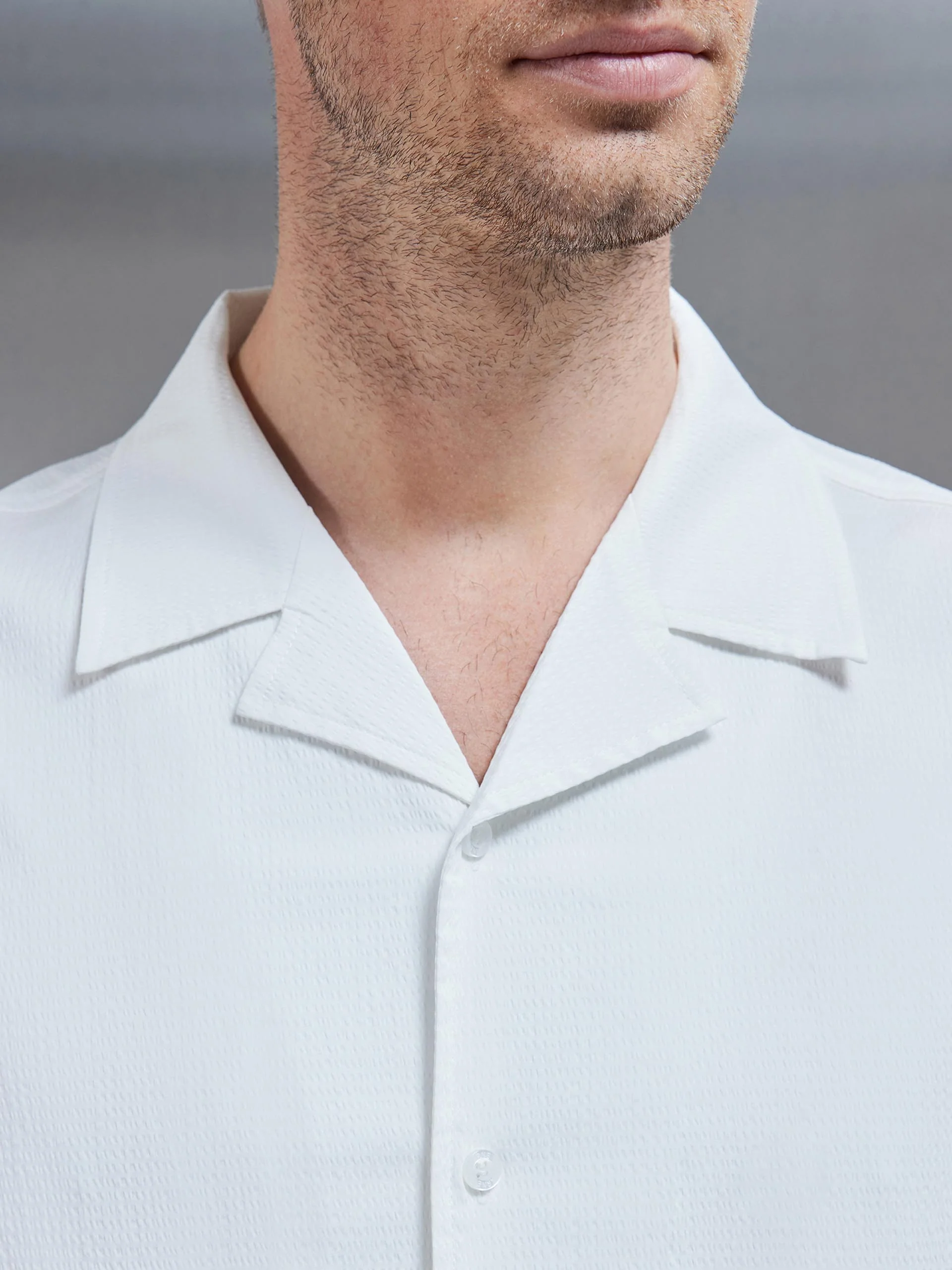 Seersucker Revere Collar Long Sleeve Shirt in White - Image 3