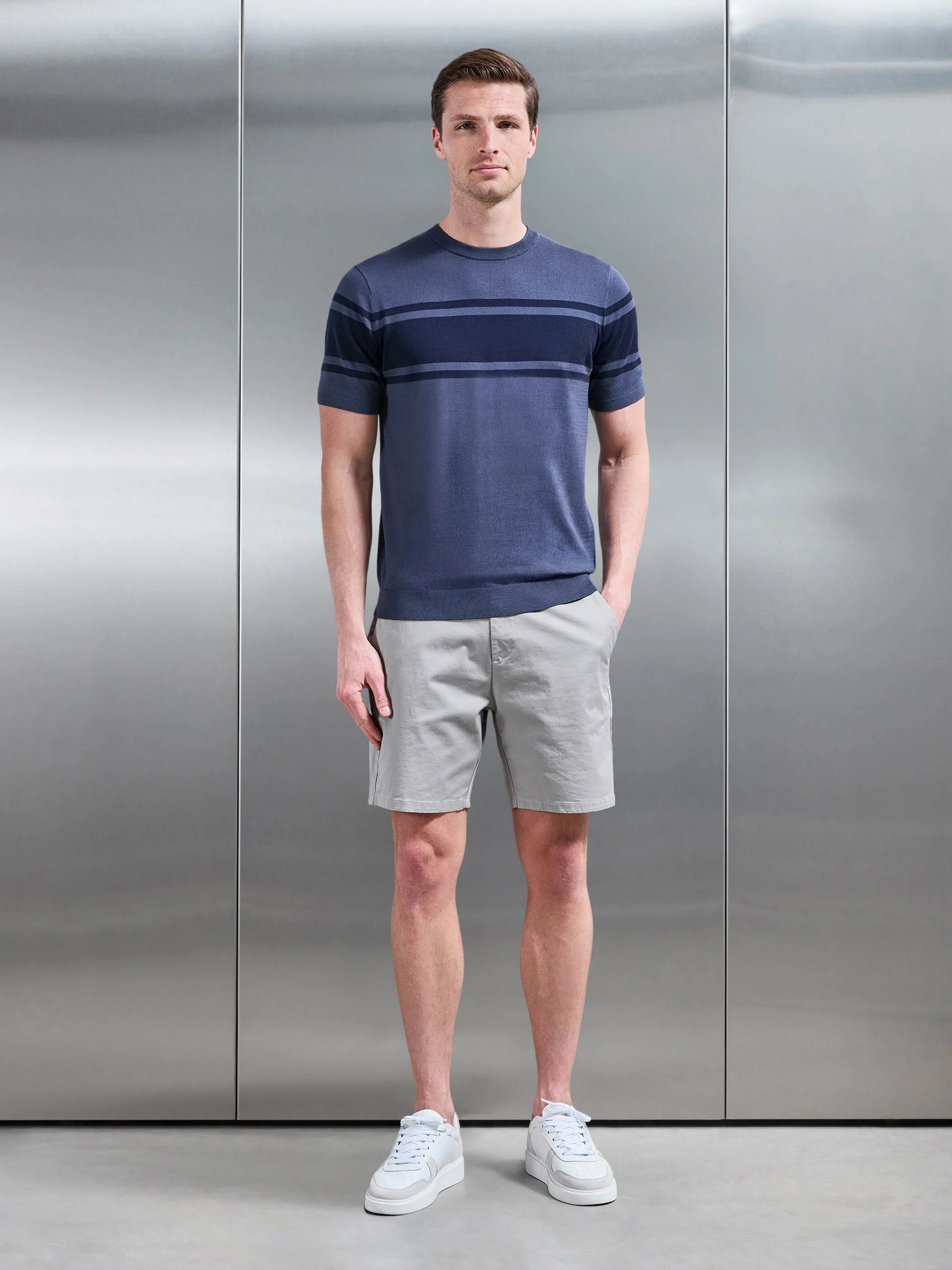 Seria Knitted Crew Neck Colour Block T-Shirt in Slate Blue - Image 2