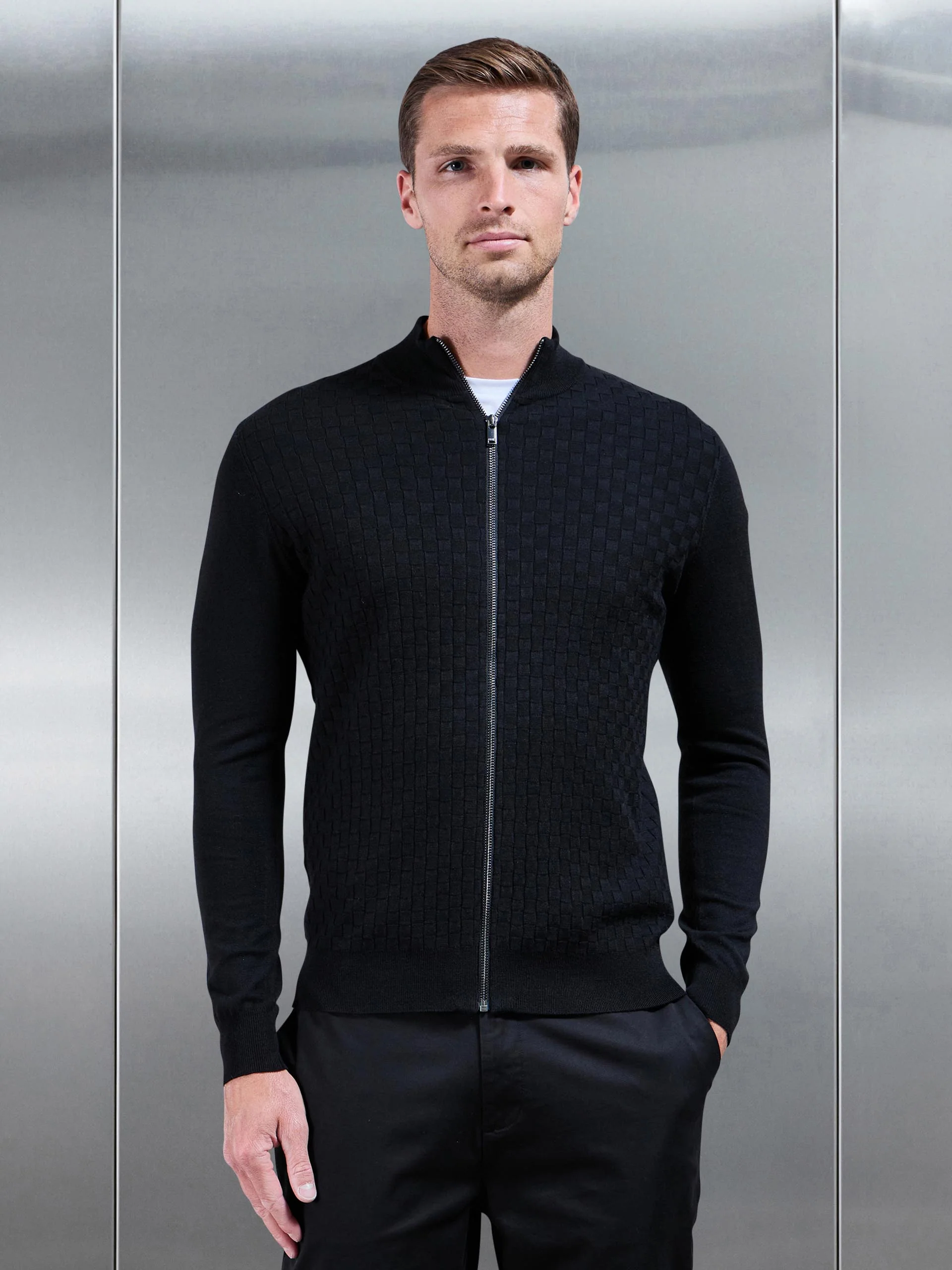 Square Textured Knitted Zip Jacket in Black