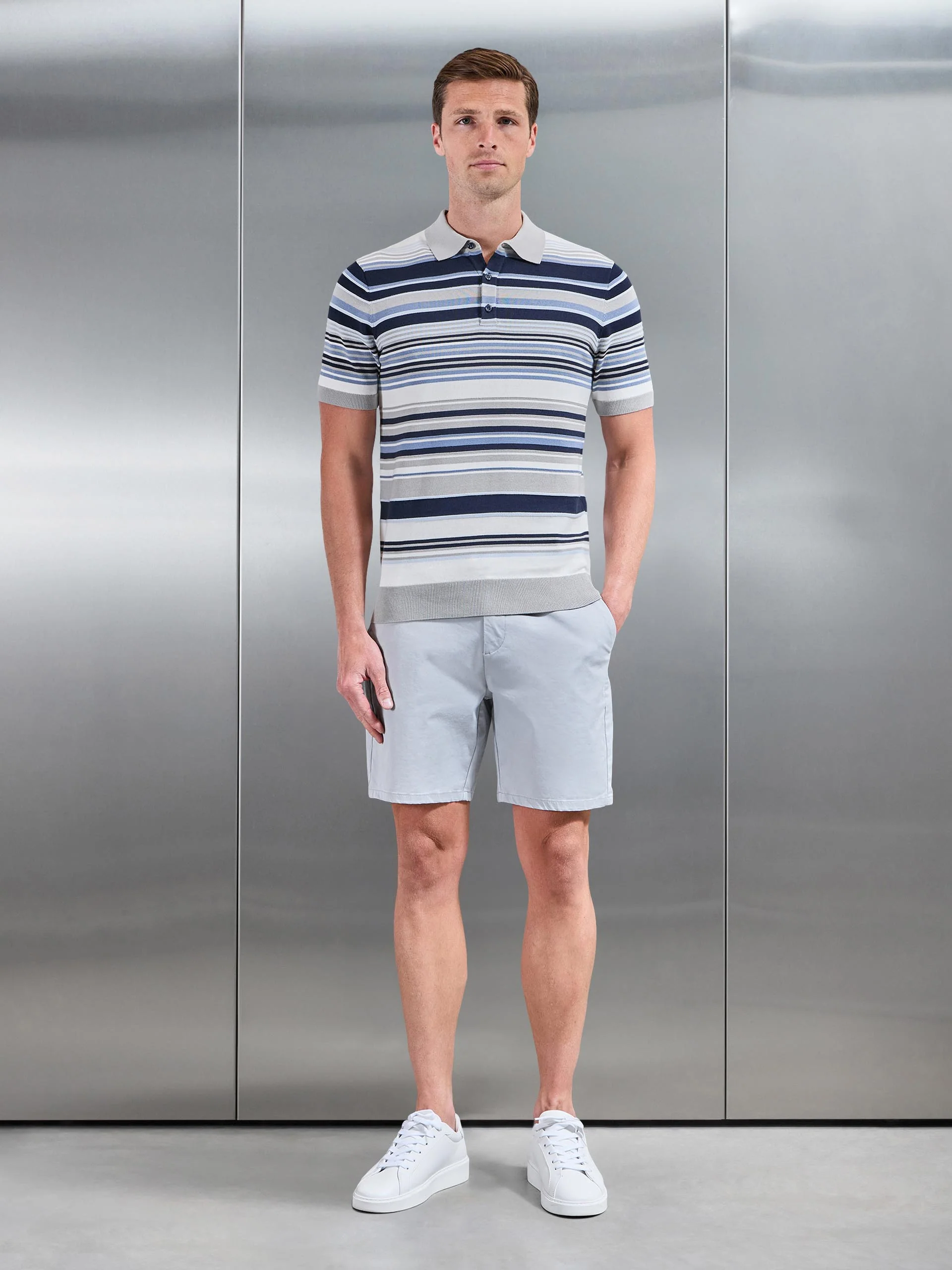 Stripe Knitted Polo Shirt in Steel Blue - Image 2