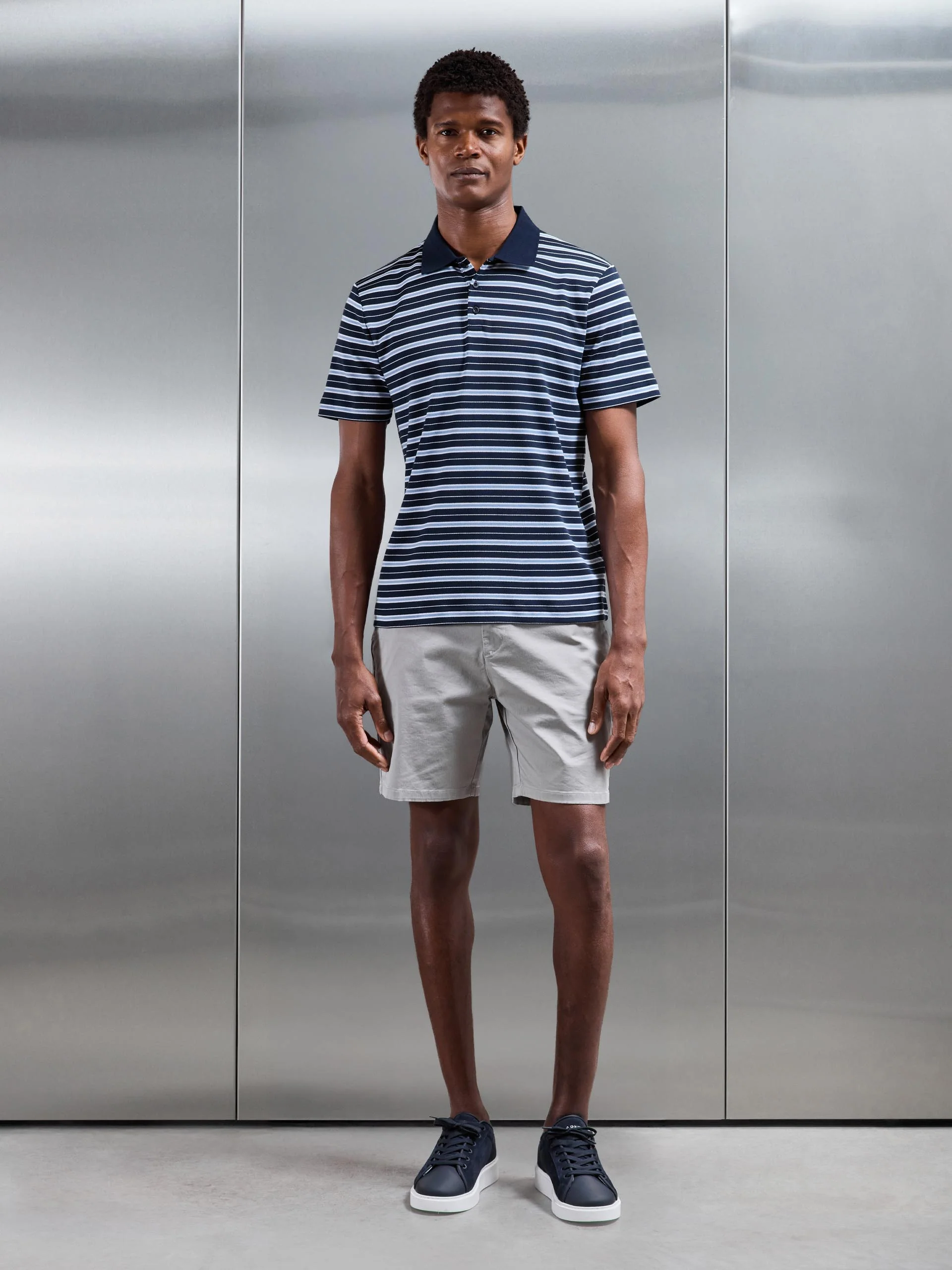 Stripe Mercerised Interlock Polo Shirt in Navy - Image 2