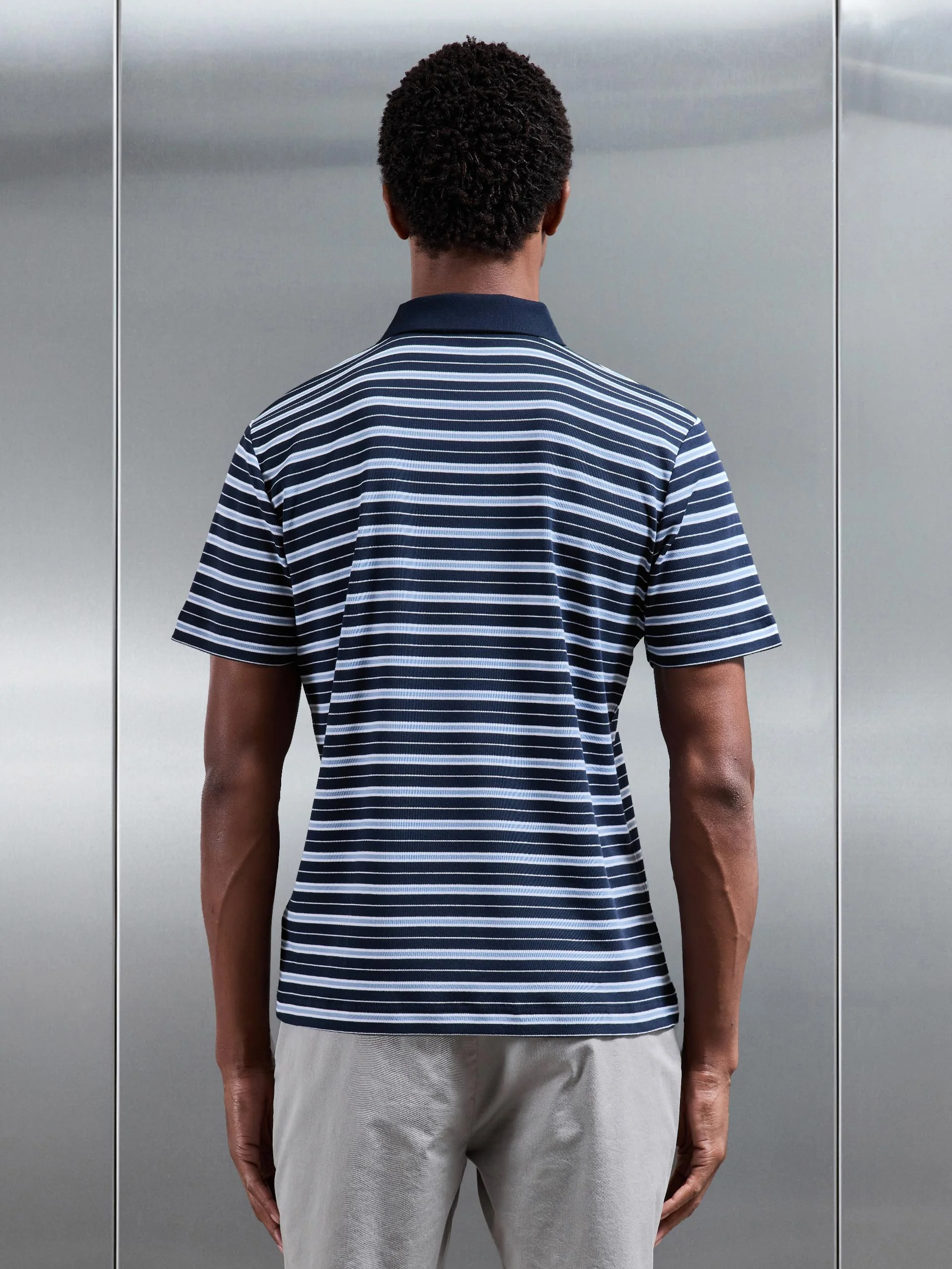 Stripe Mercerised Interlock Polo Shirt in Navy - Image 4