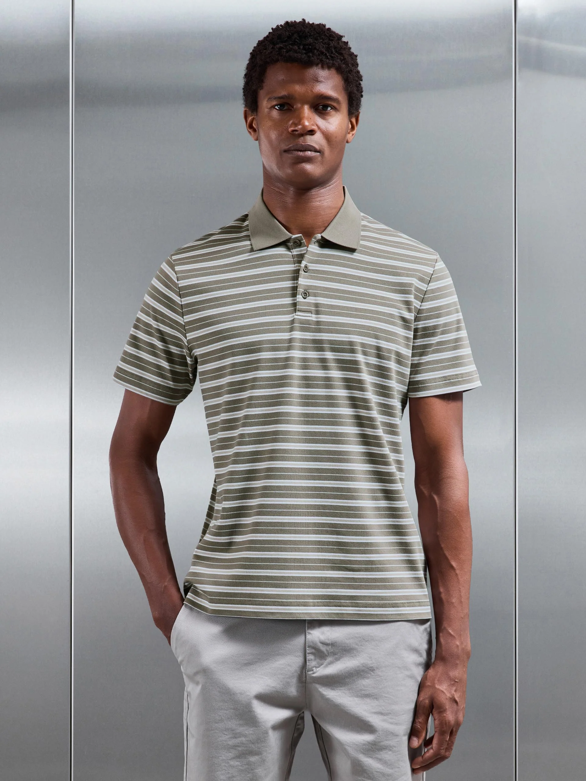 Stripe Mercerised Interlock Polo Shirt in Sage