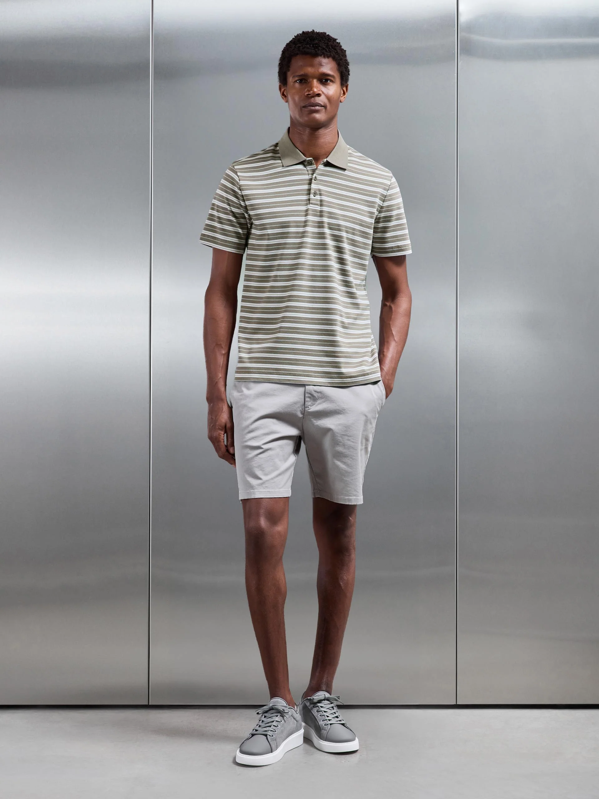 Stripe Mercerised Interlock Polo Shirt in Sage - Image 2