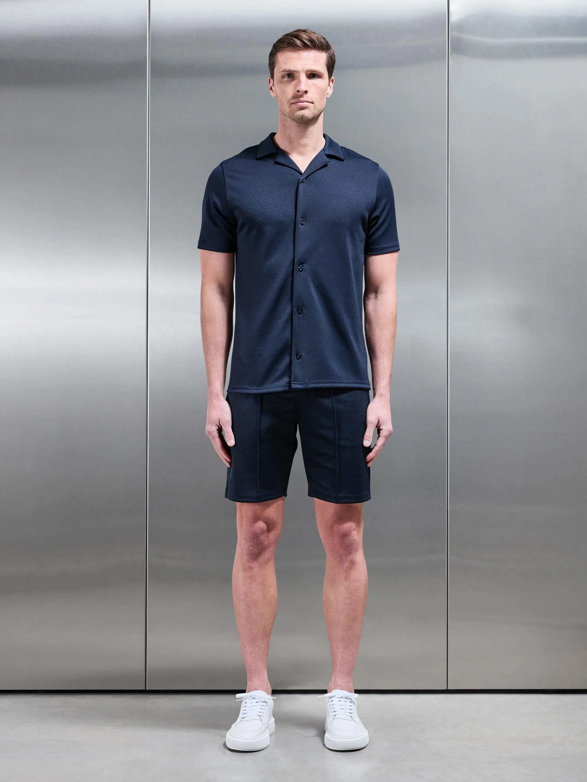 Textured Interlock Revere Collar Shirt in Navy - Image 2