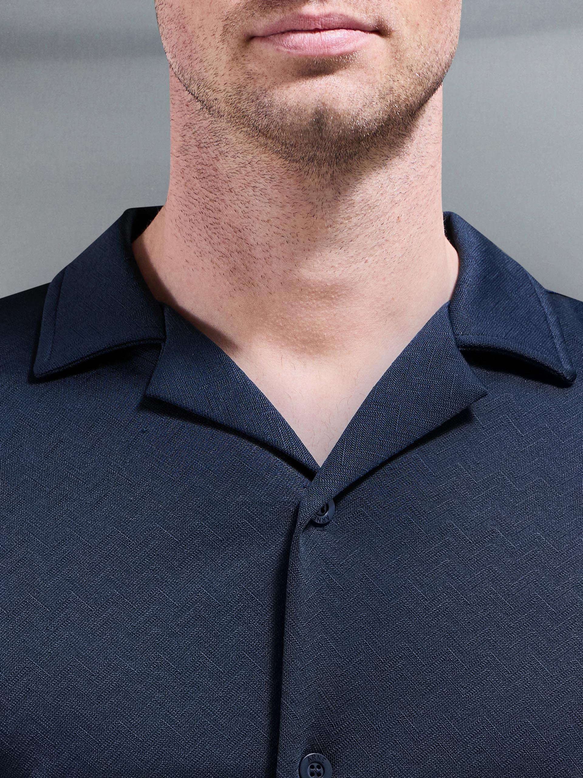 Textured Interlock Revere Collar Shirt in Navy - Image 3