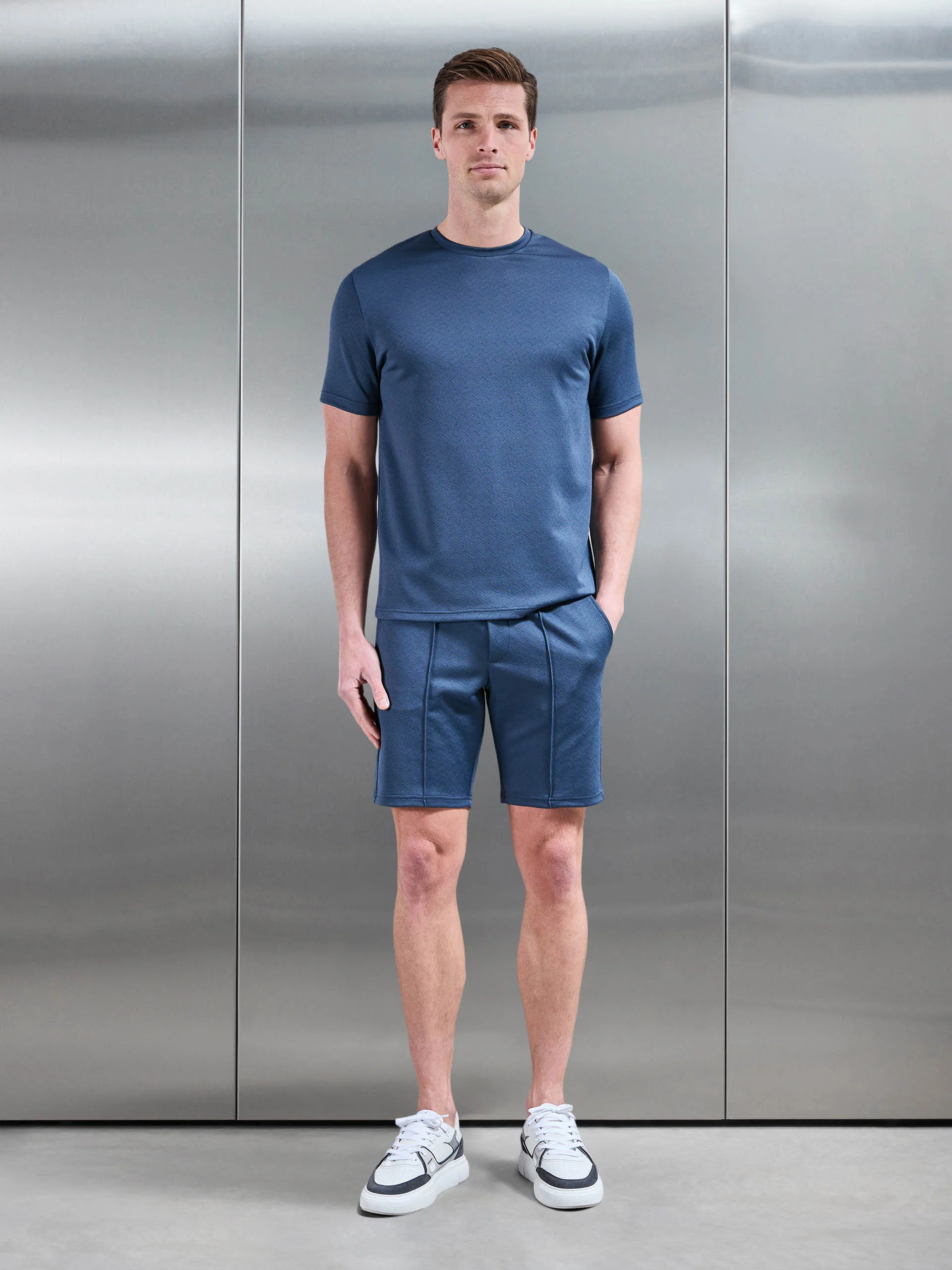 Textured Interlock Short in Steel Blue - Image 2