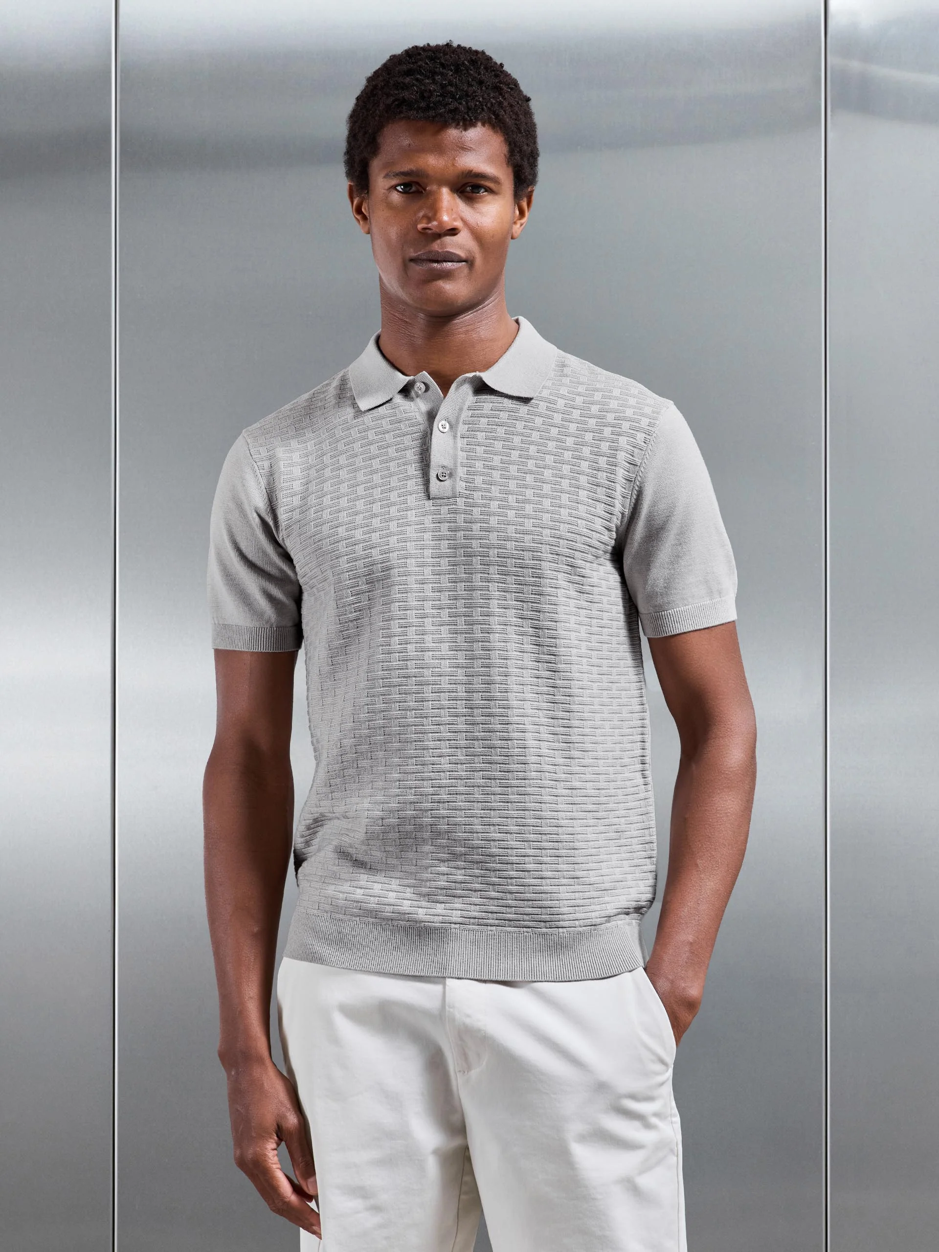 Textured Knitted Polo Shirt in Stone