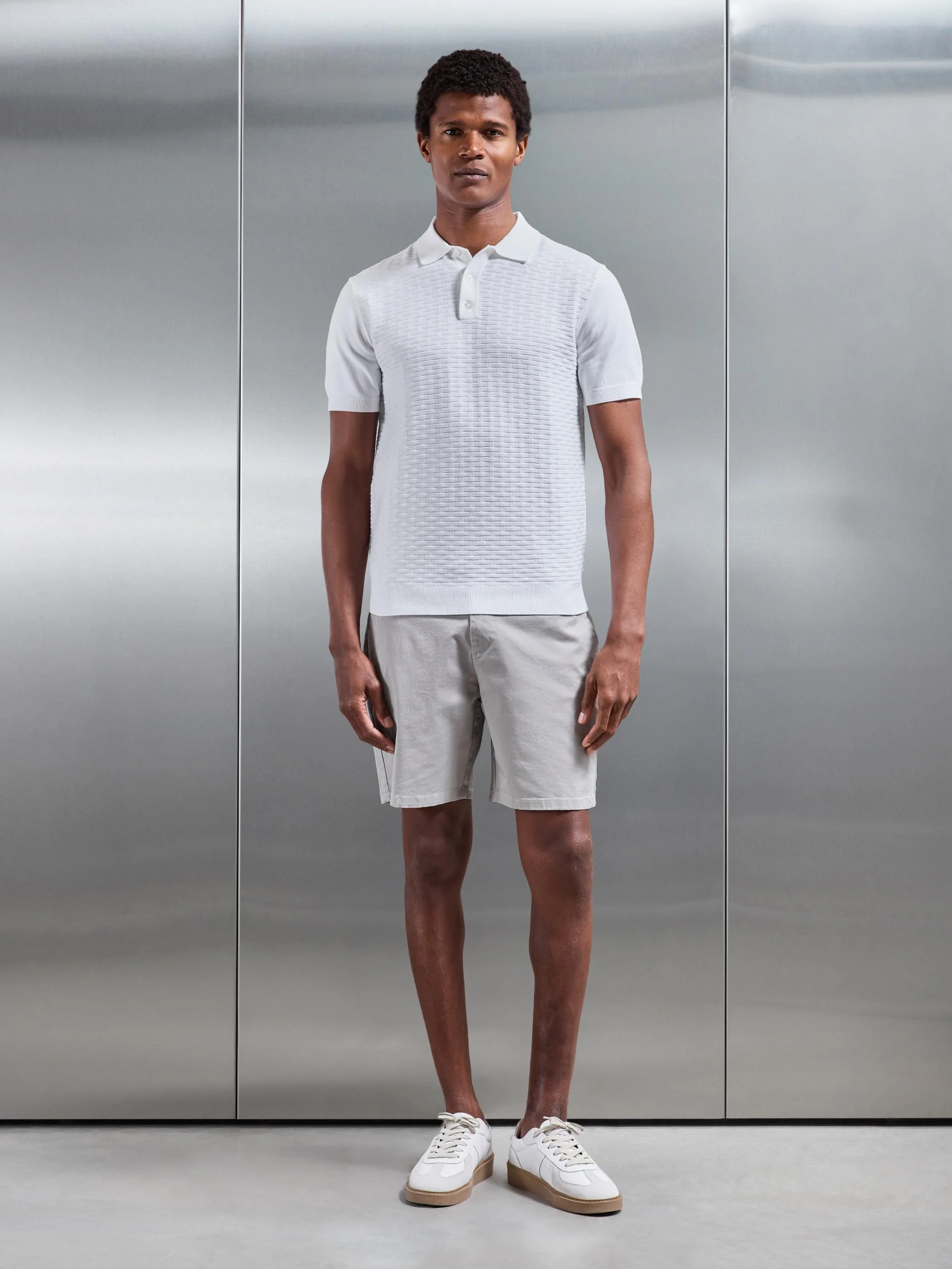 Textured Knitted Polo Shirt in White - Image 2