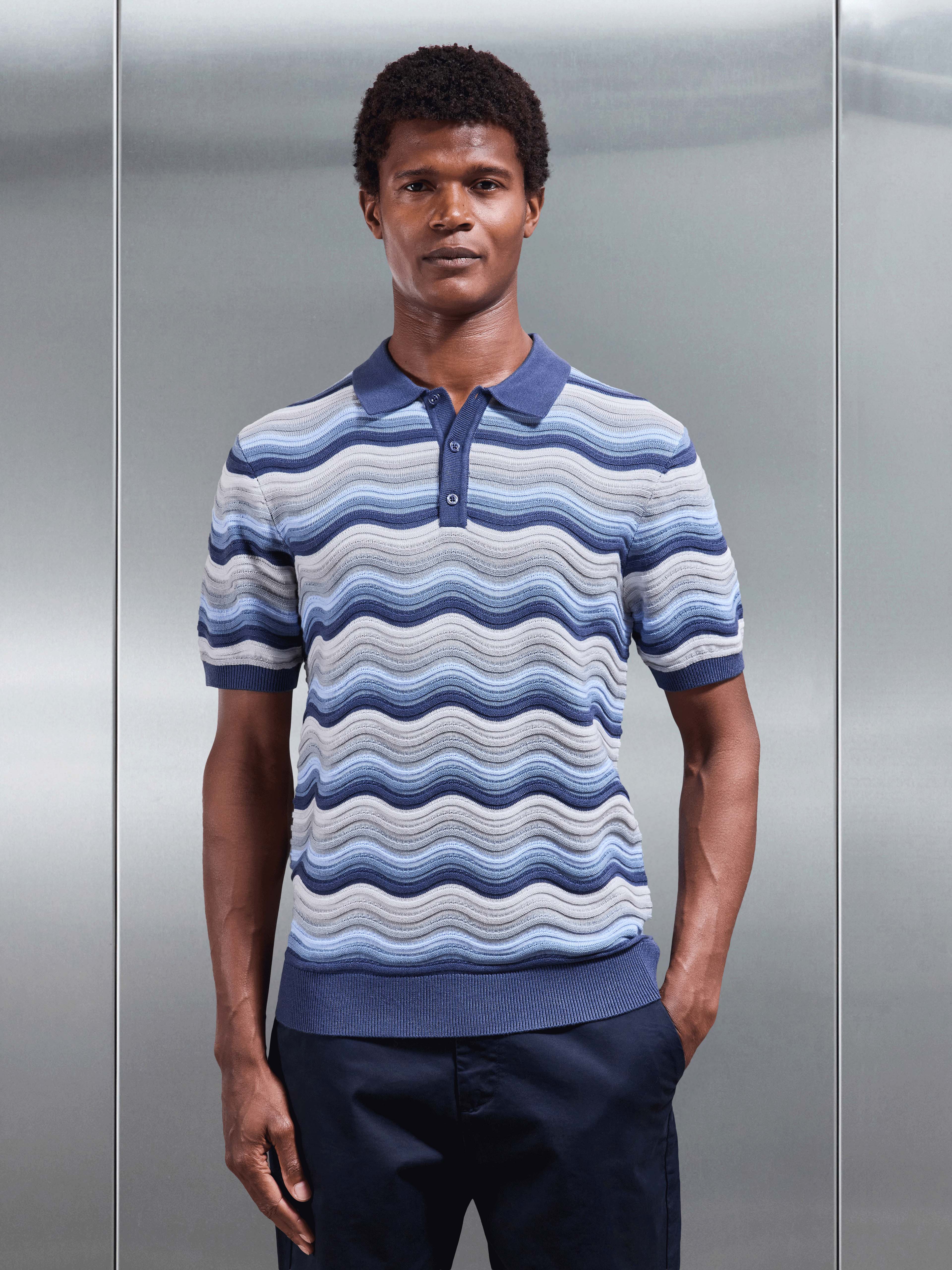 Wave Colour Block Polo Shirt in Blue