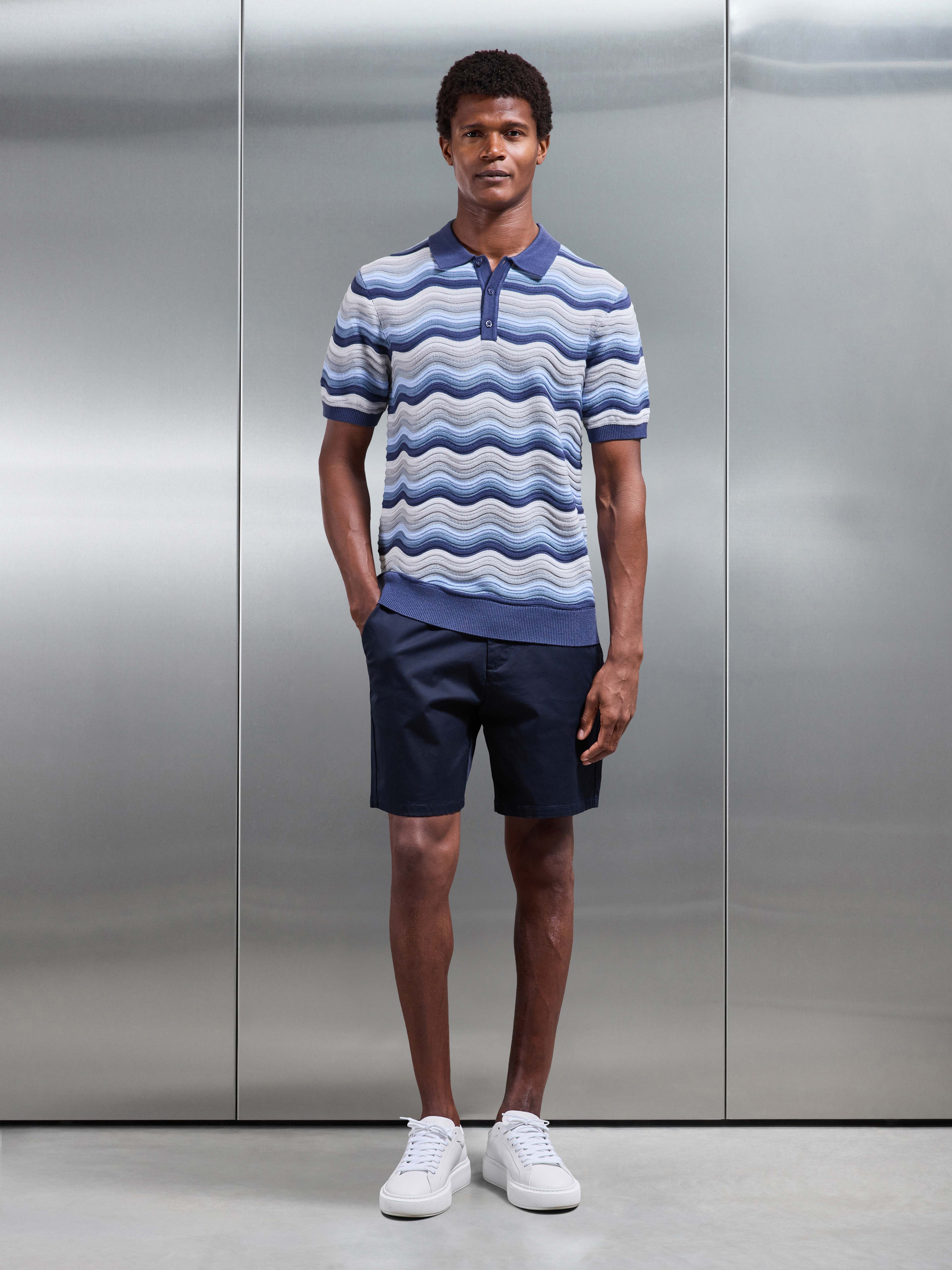 Wave Colour Block Polo Shirt in Blue - Image 2