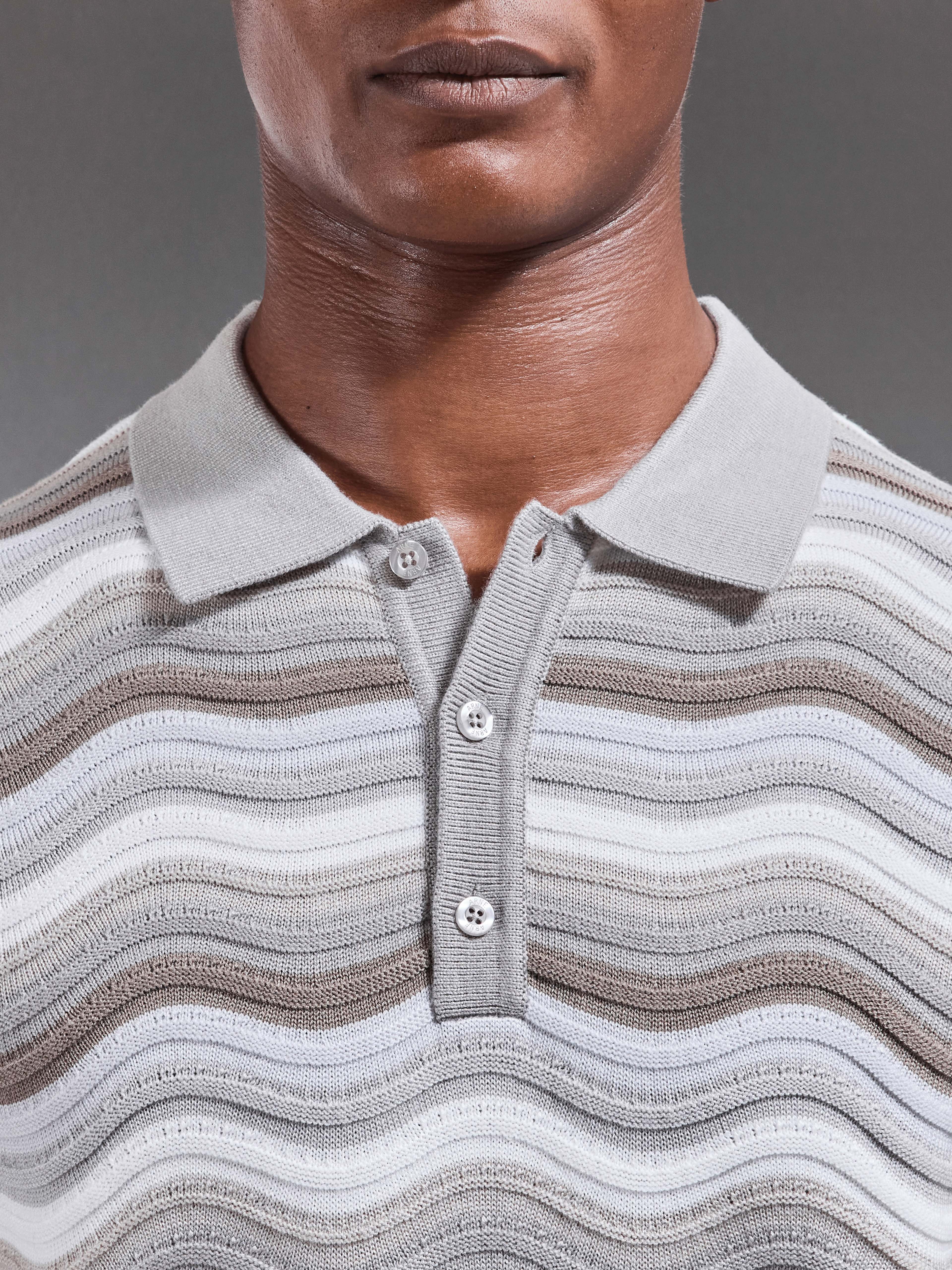 Wave Colour Block Polo Shirt in Stone - Image 4