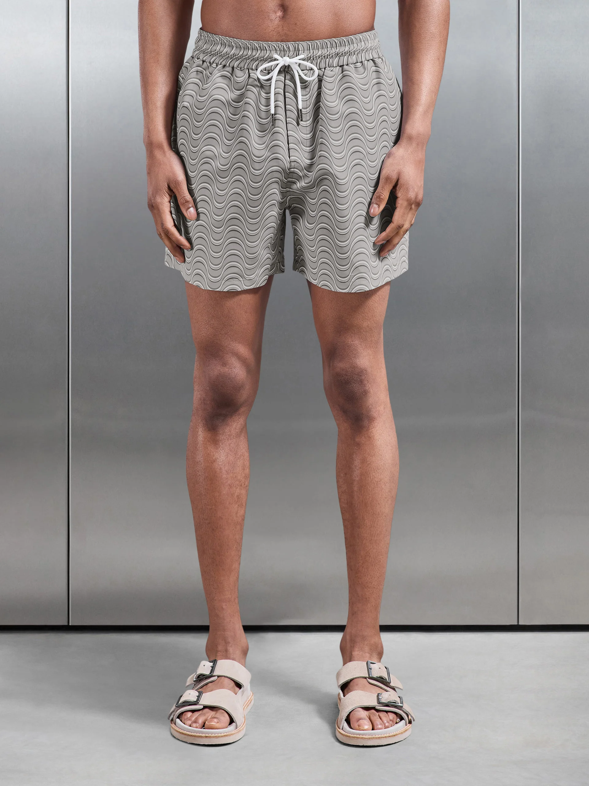 Wave Printed Drawstring Swim Short in Stone