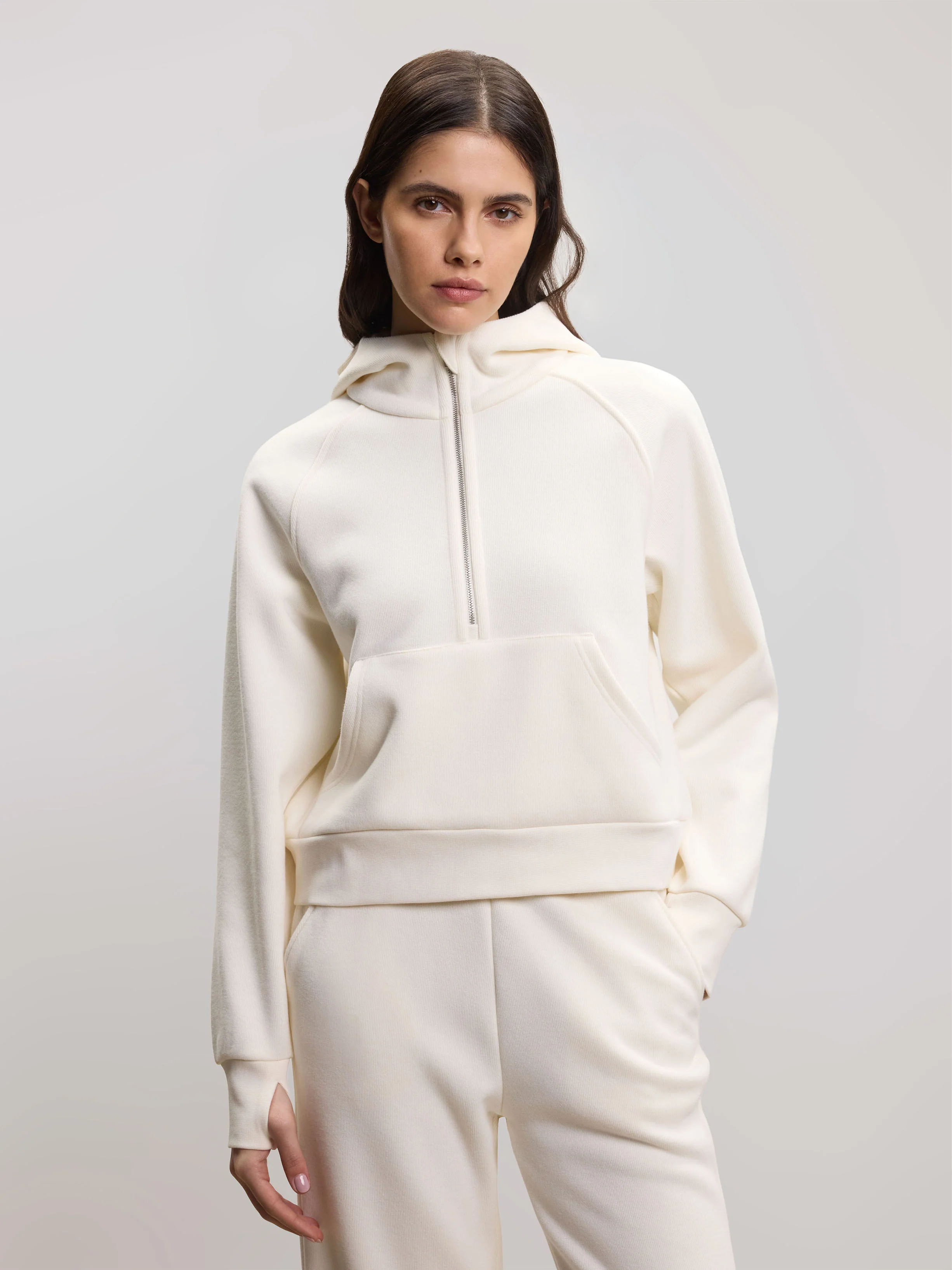 Womens Cosy Fleece Half Zip Hoodie in Ecru