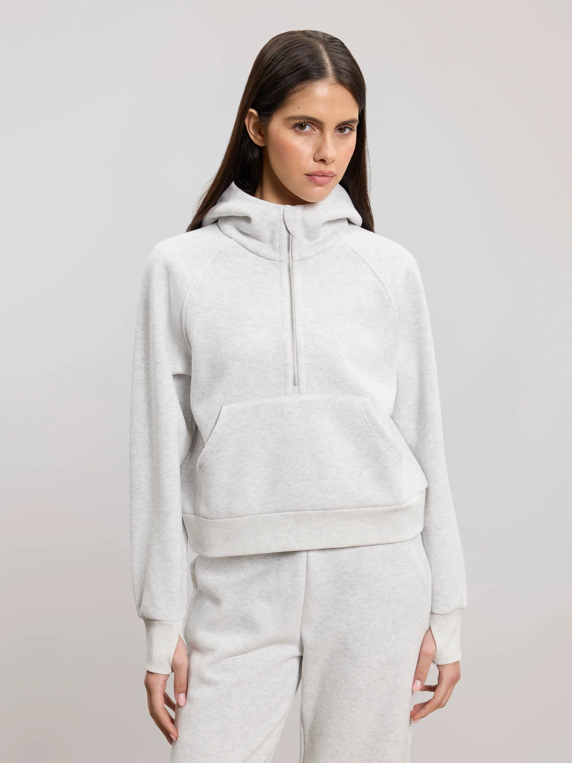 Womens Cosy Fleece Half Zip Hoodie in Marl Grey