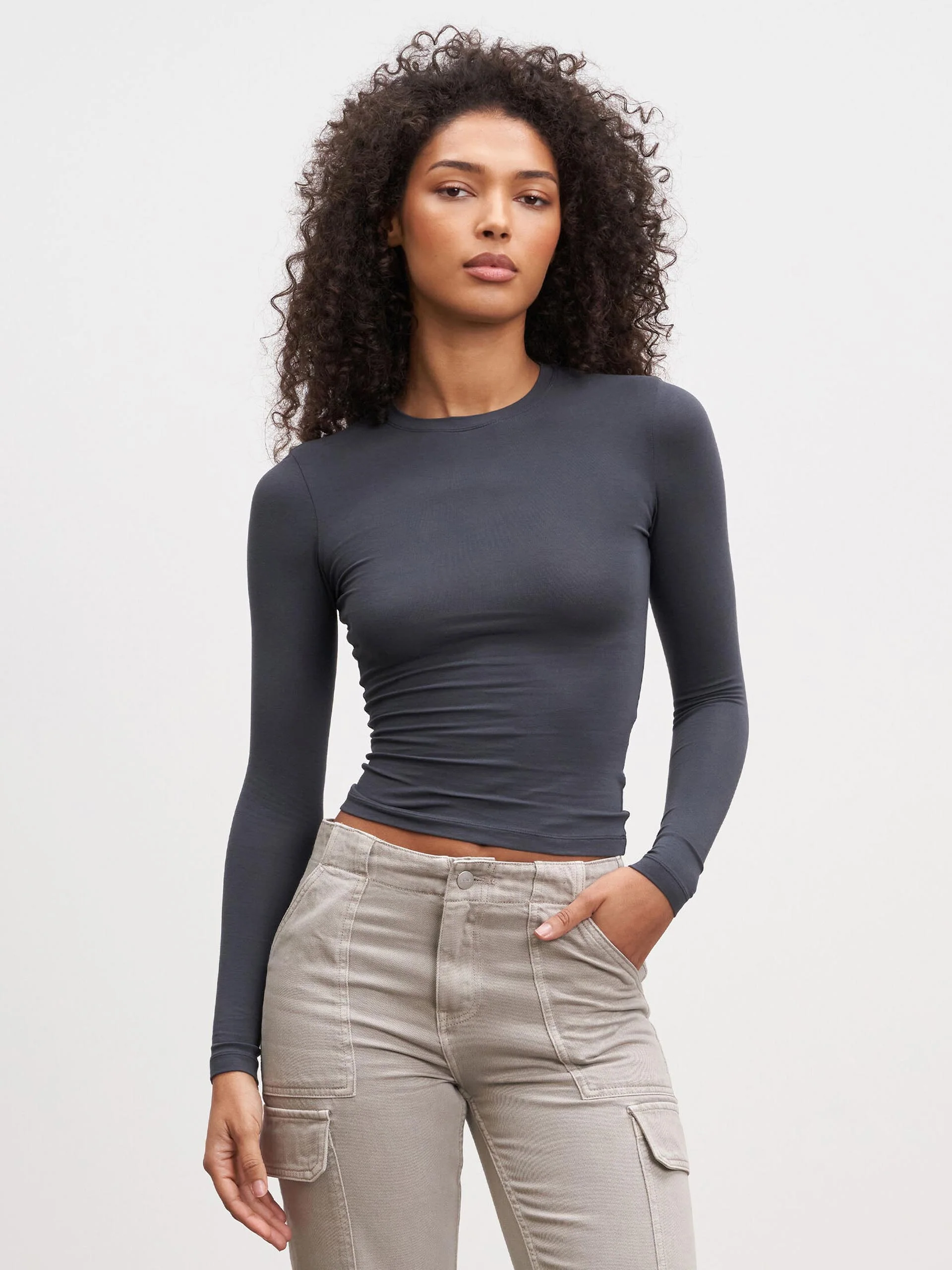 Womens Cotton Jersey Long Sleeve T-Shirt in Slate Blue