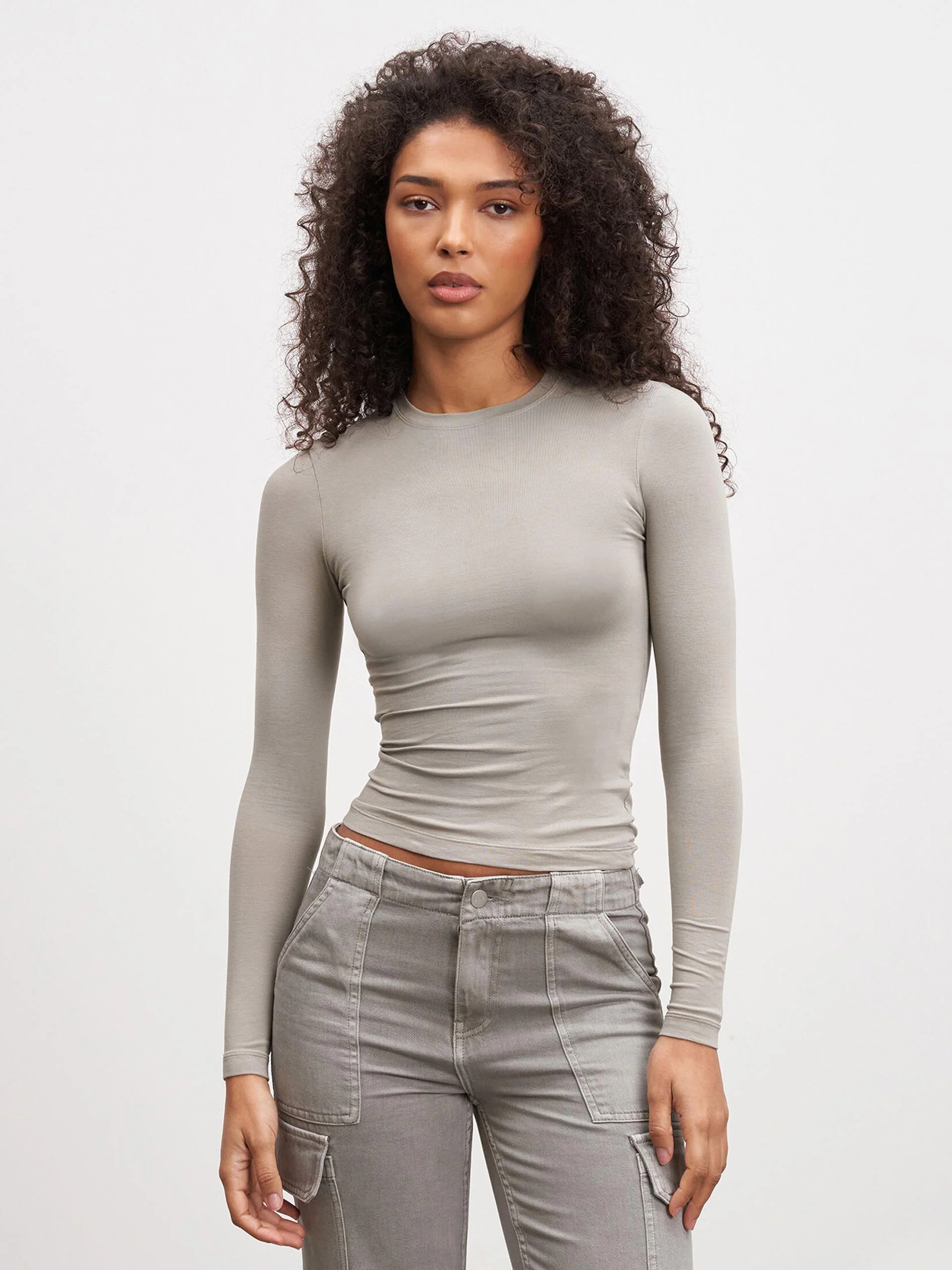 Womens Cotton Jersey Long Sleeve T-Shirt in Stone
