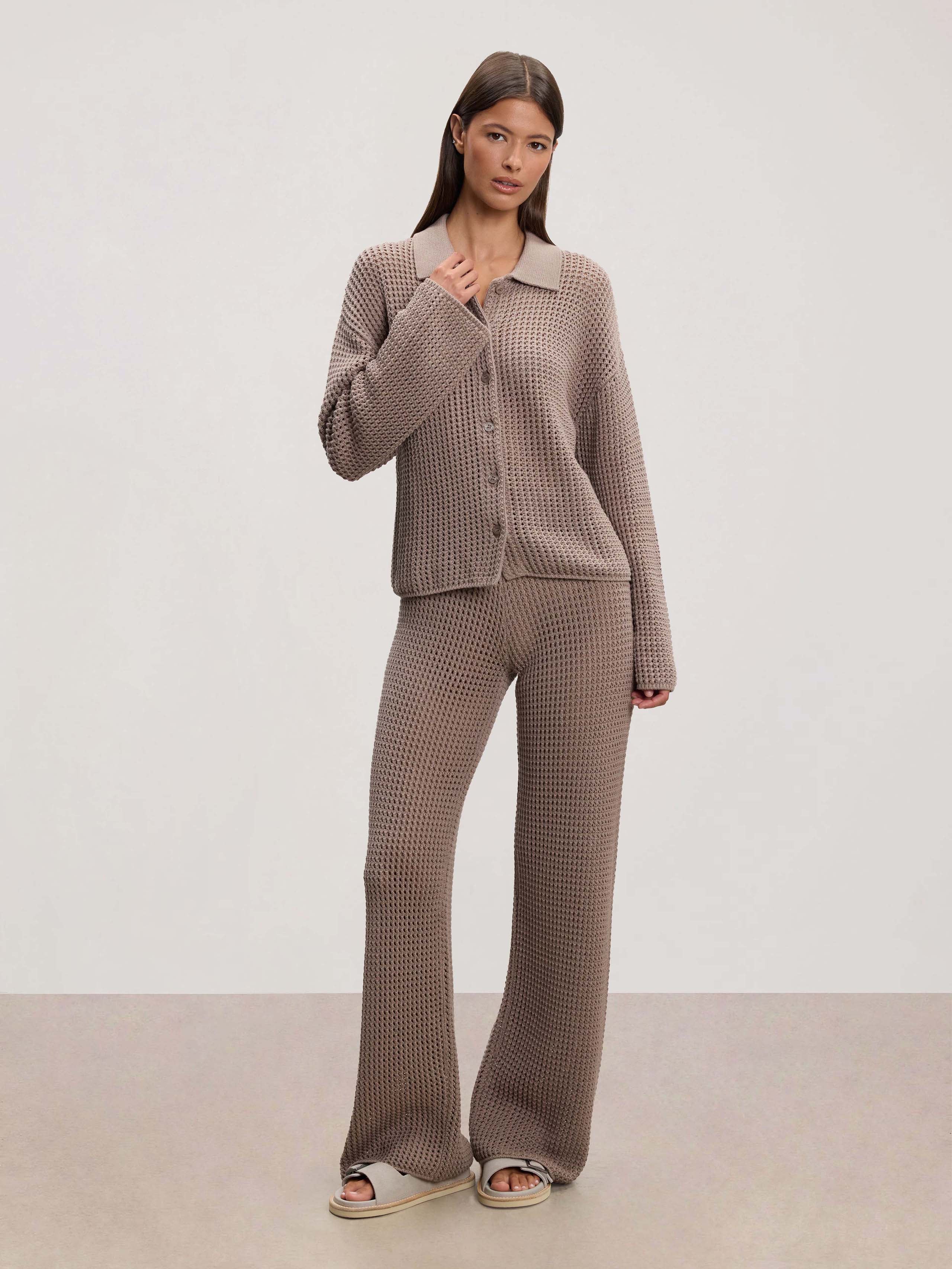 Womens Crochet Shirt in Taupe - Image 2