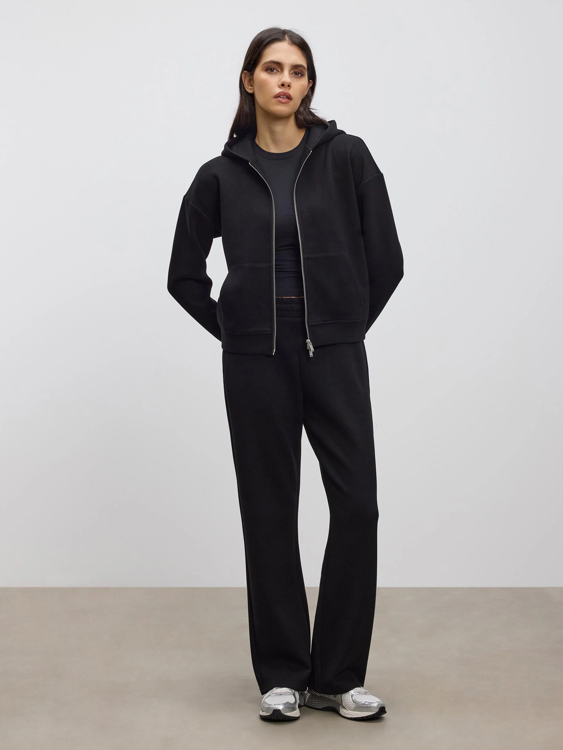Womens Knitted Relaxed Zip Hoodie in Black - Image 2