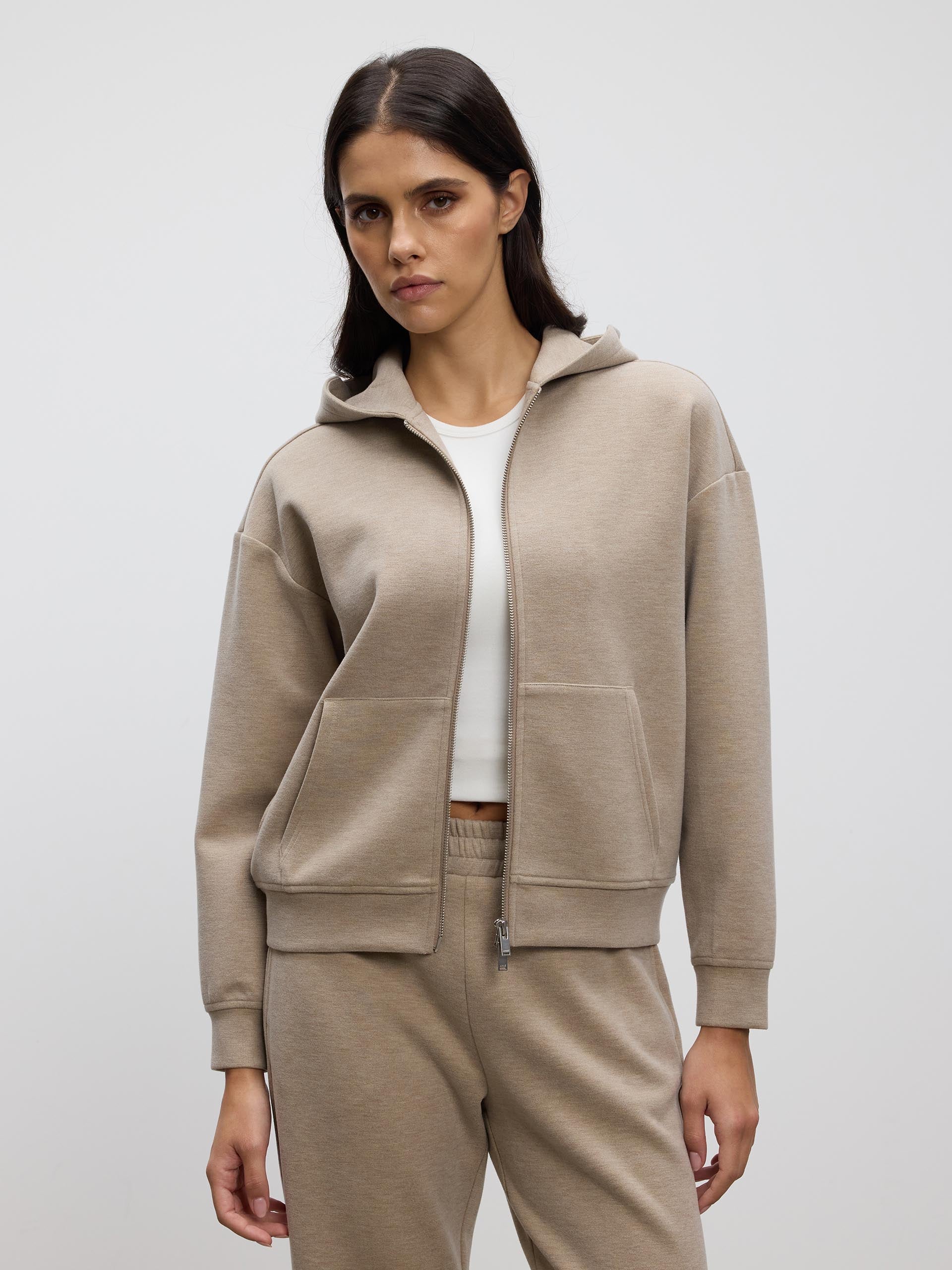 Womens Knitted Relaxed Zip Hoodie in Stone