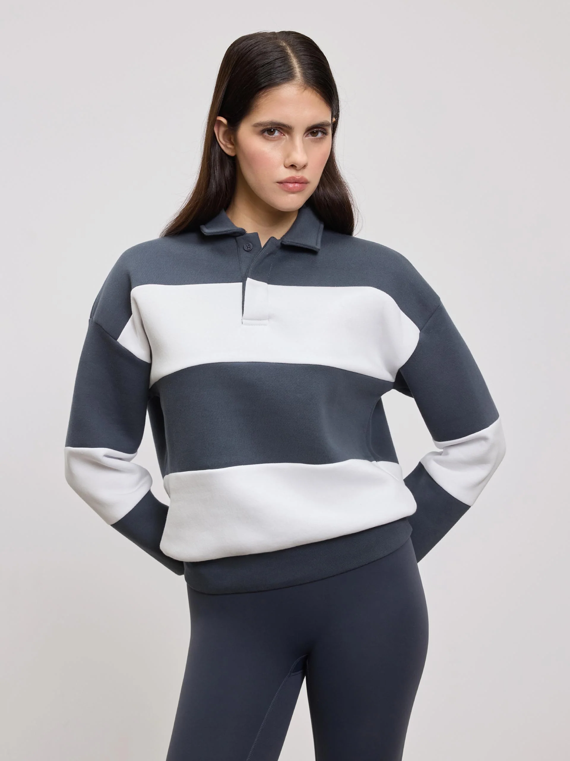 Womens Neoprene Relaxed Rugby Polo Shirt in Slate Blue White