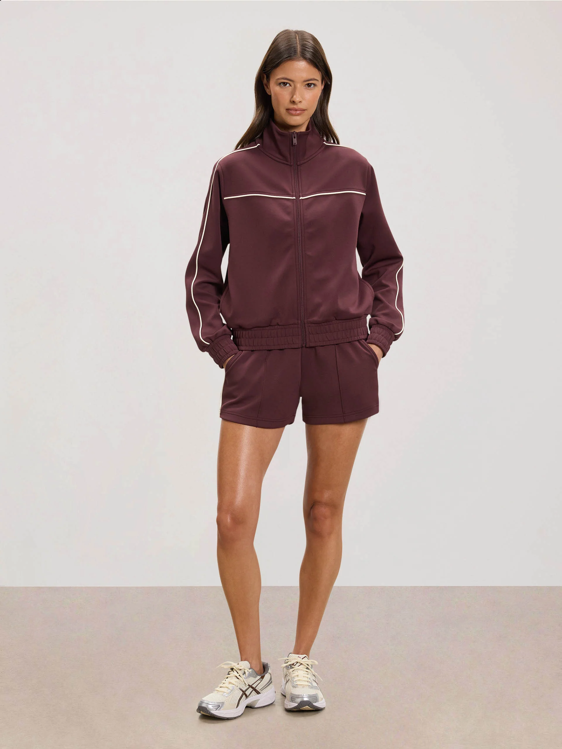 Womens Piping Track Short in Burgundy - Image 2