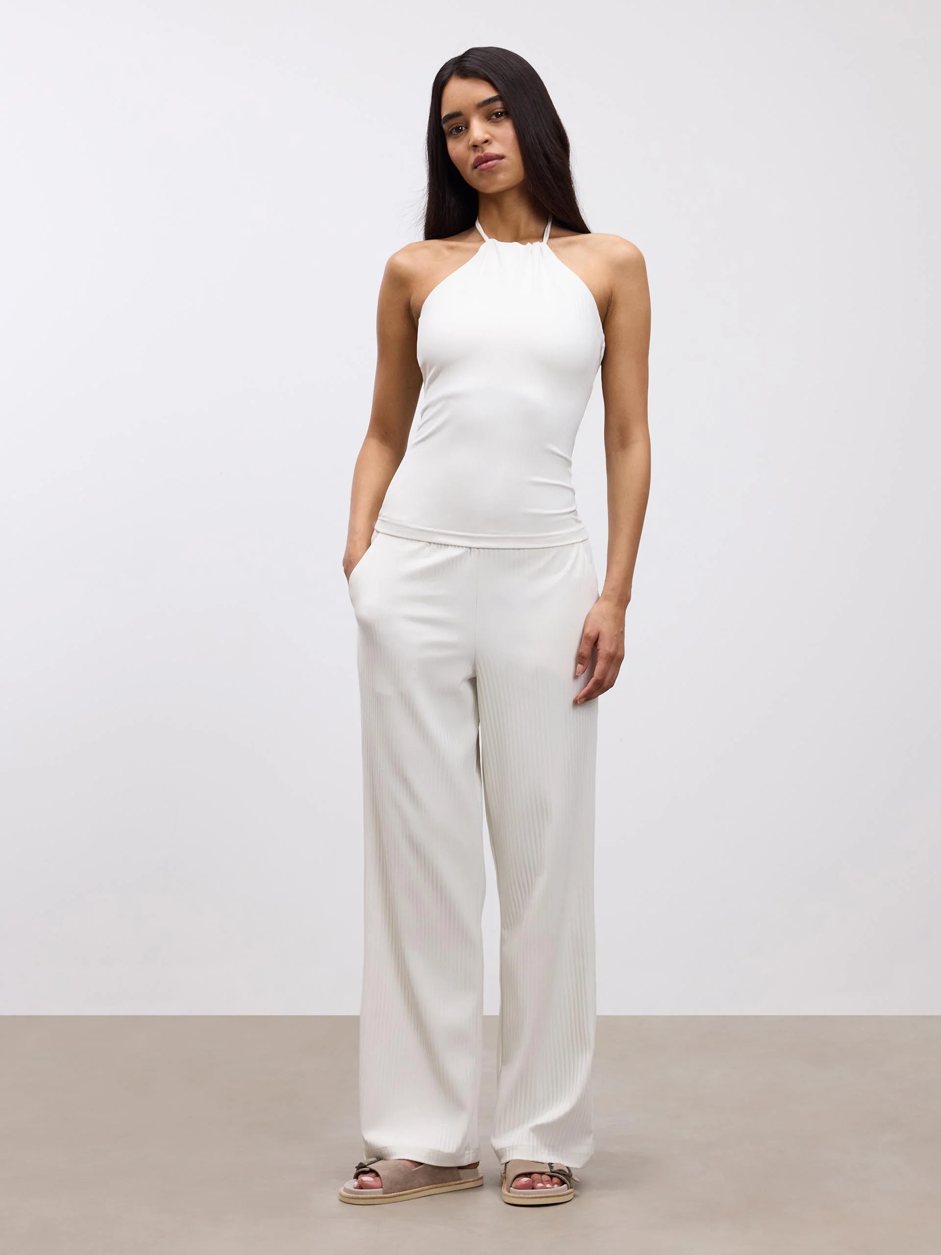 Womens Pleated Halter Top in Ecru - Image 4