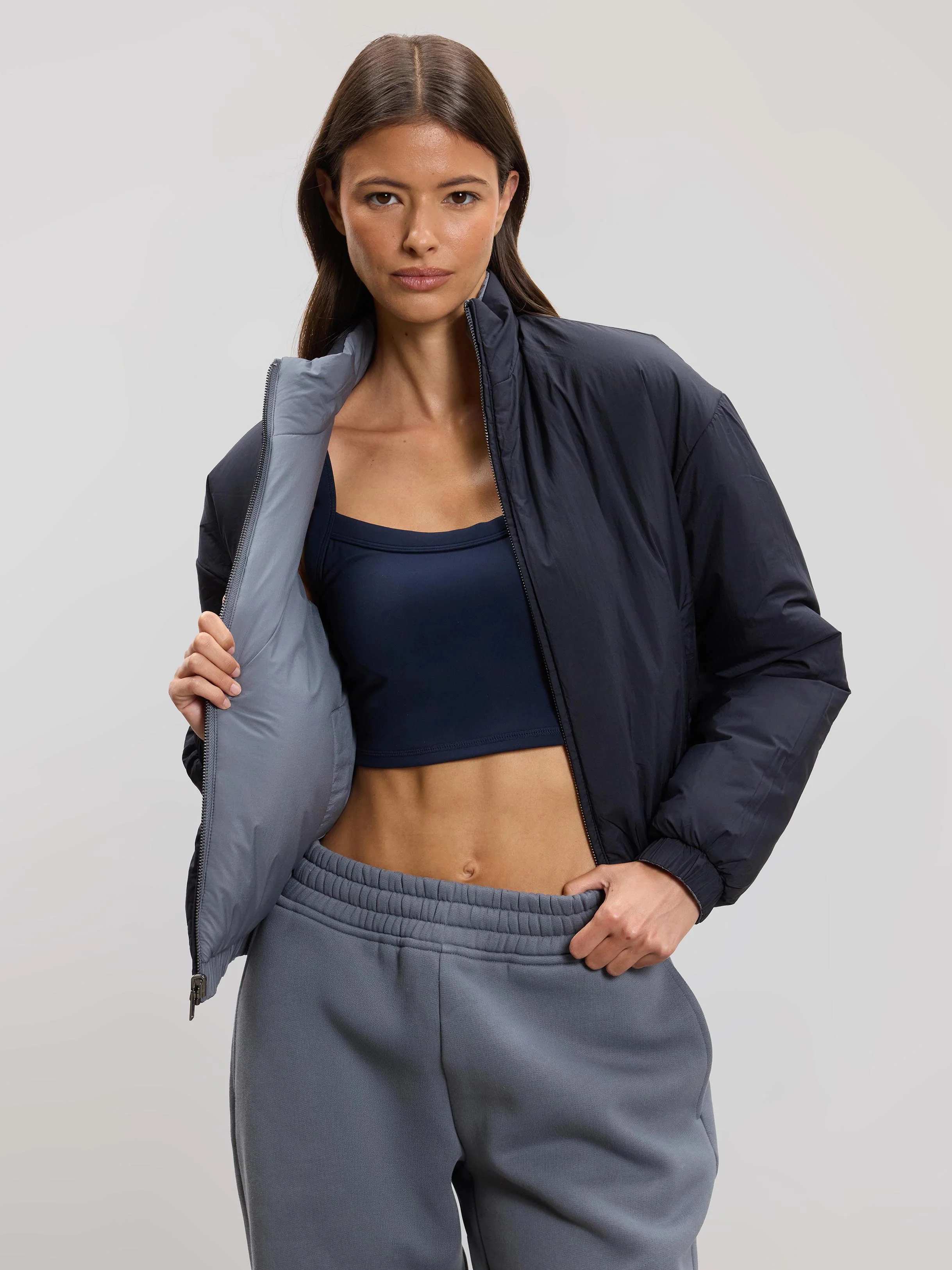 Womens Relaxed Reversible Funnel Neck Jacket in Dove Blue And Navy - Image 2