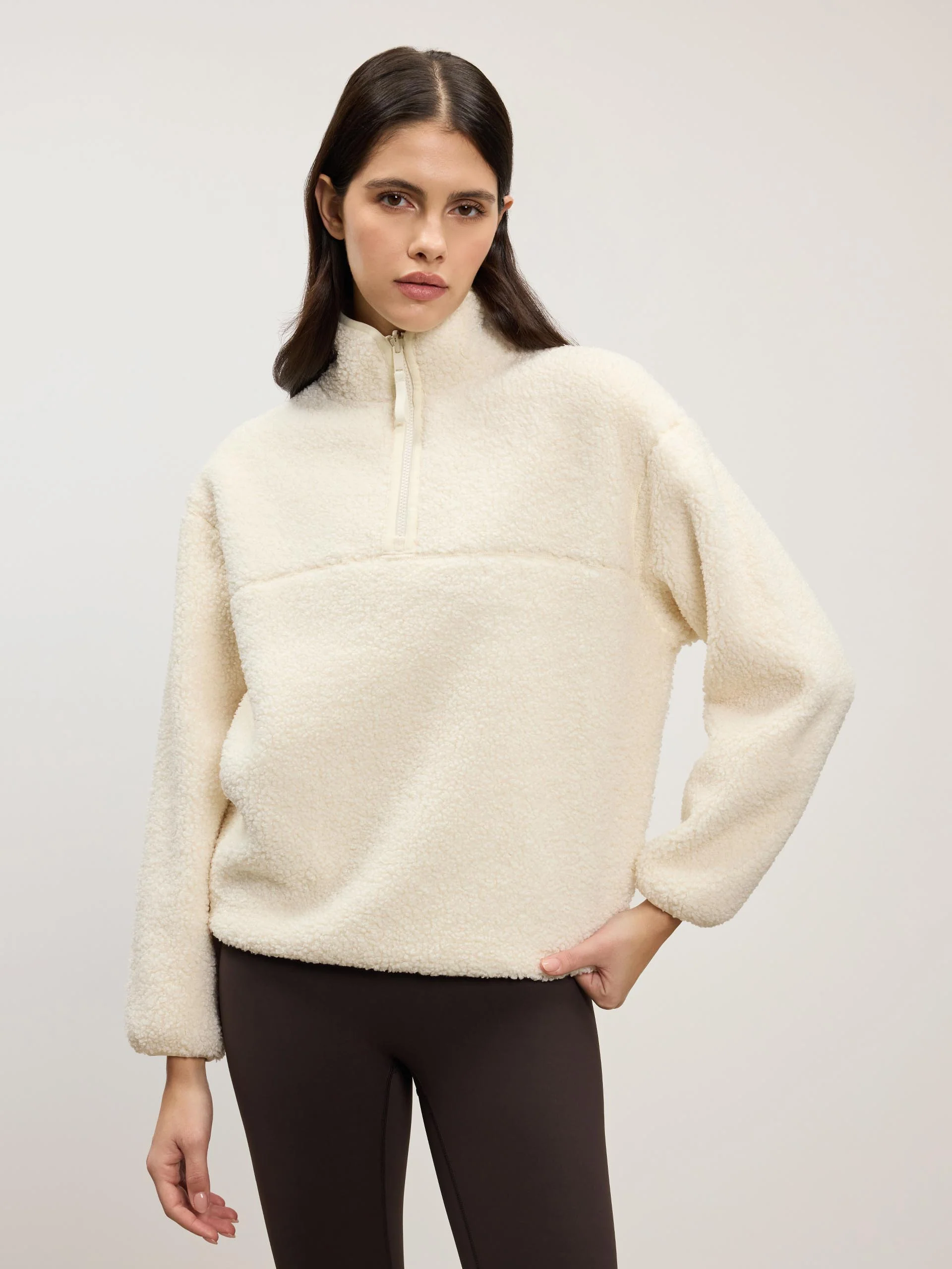 Womens Reversible Sherpa Fleece Half Zip in Ecru