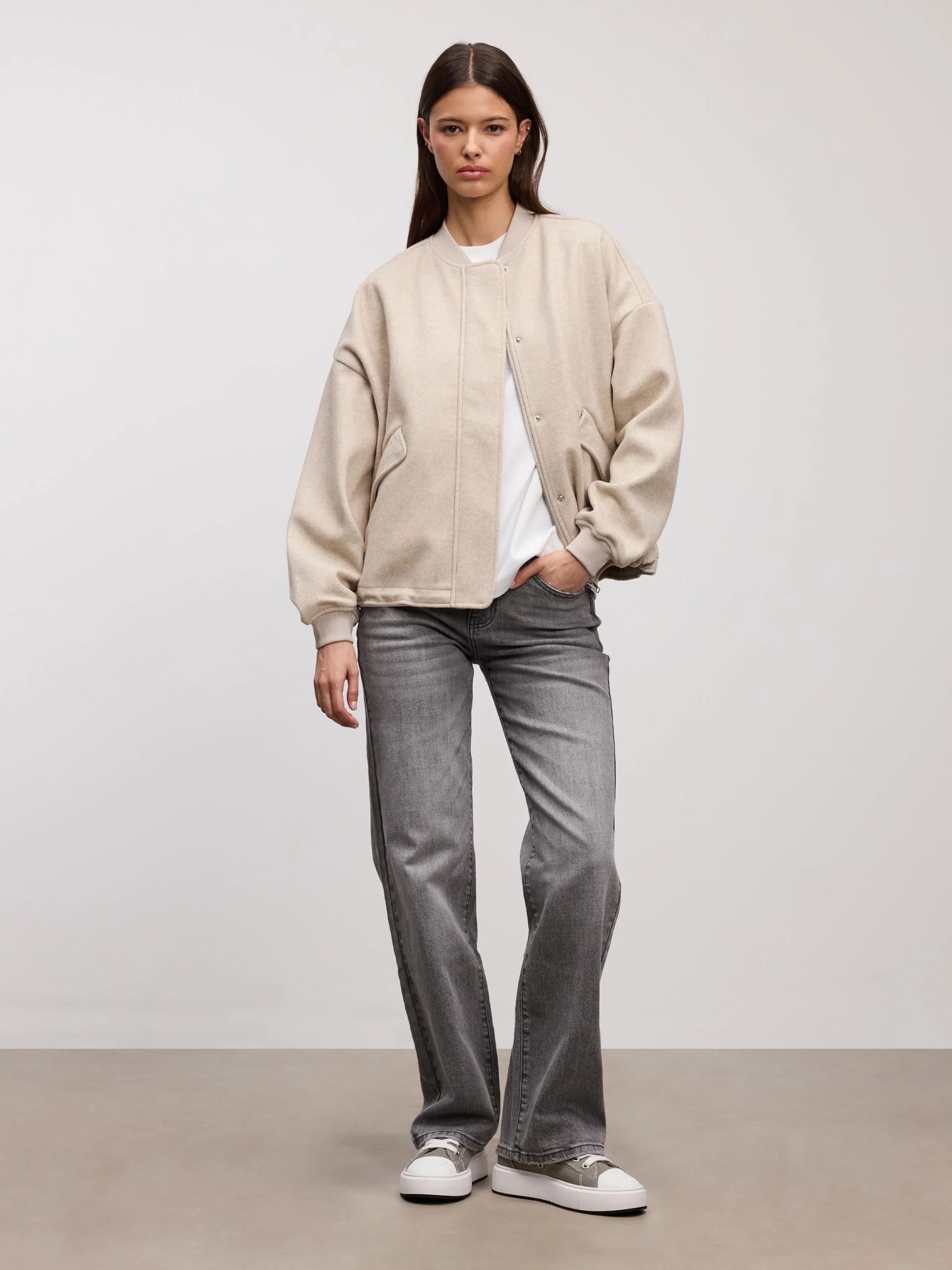 Womens Soft Knitted Bomber Jacket in Stone - Image 4