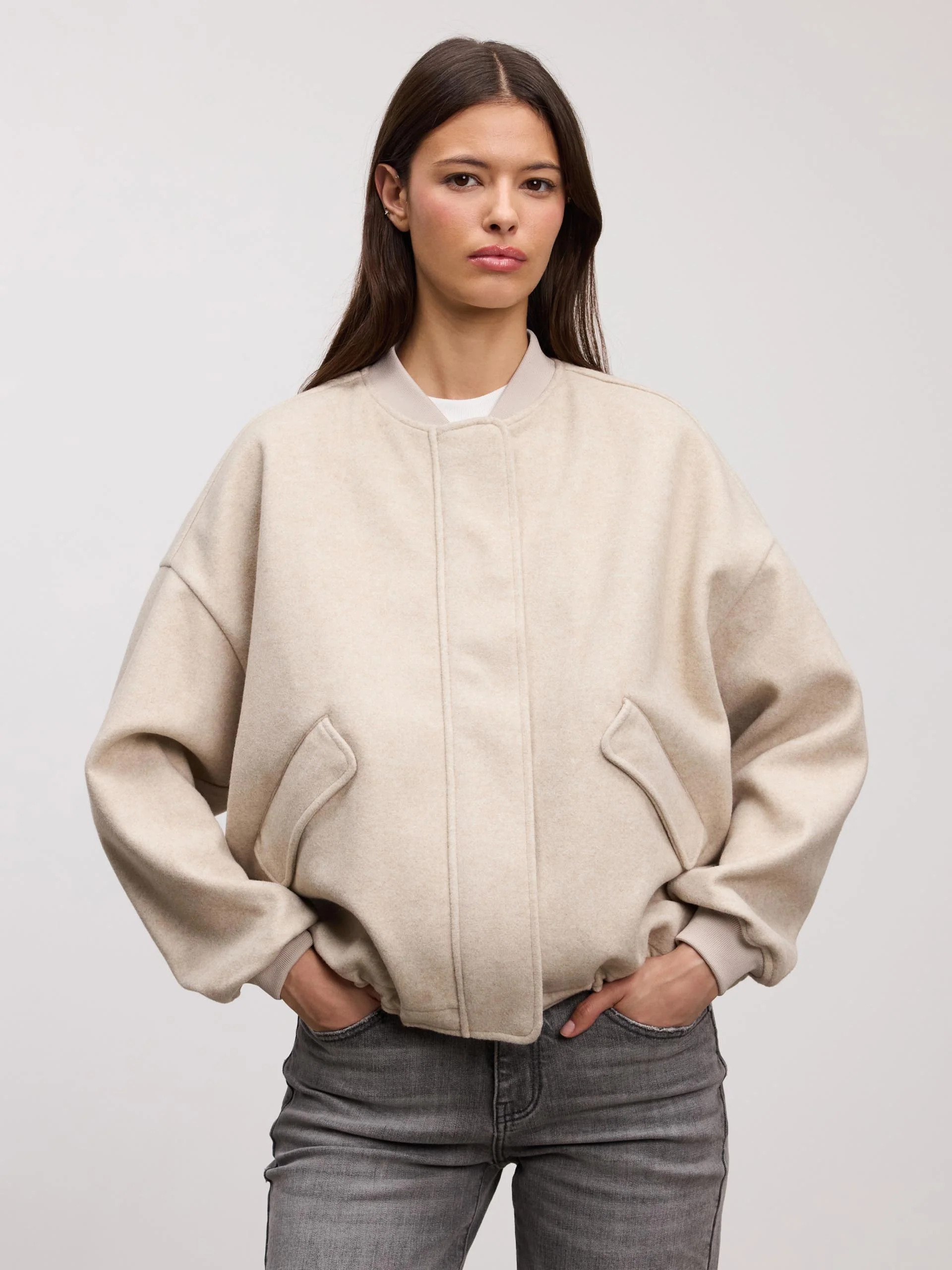 Womens Soft Knitted Bomber Jacket in Stone - Image 9