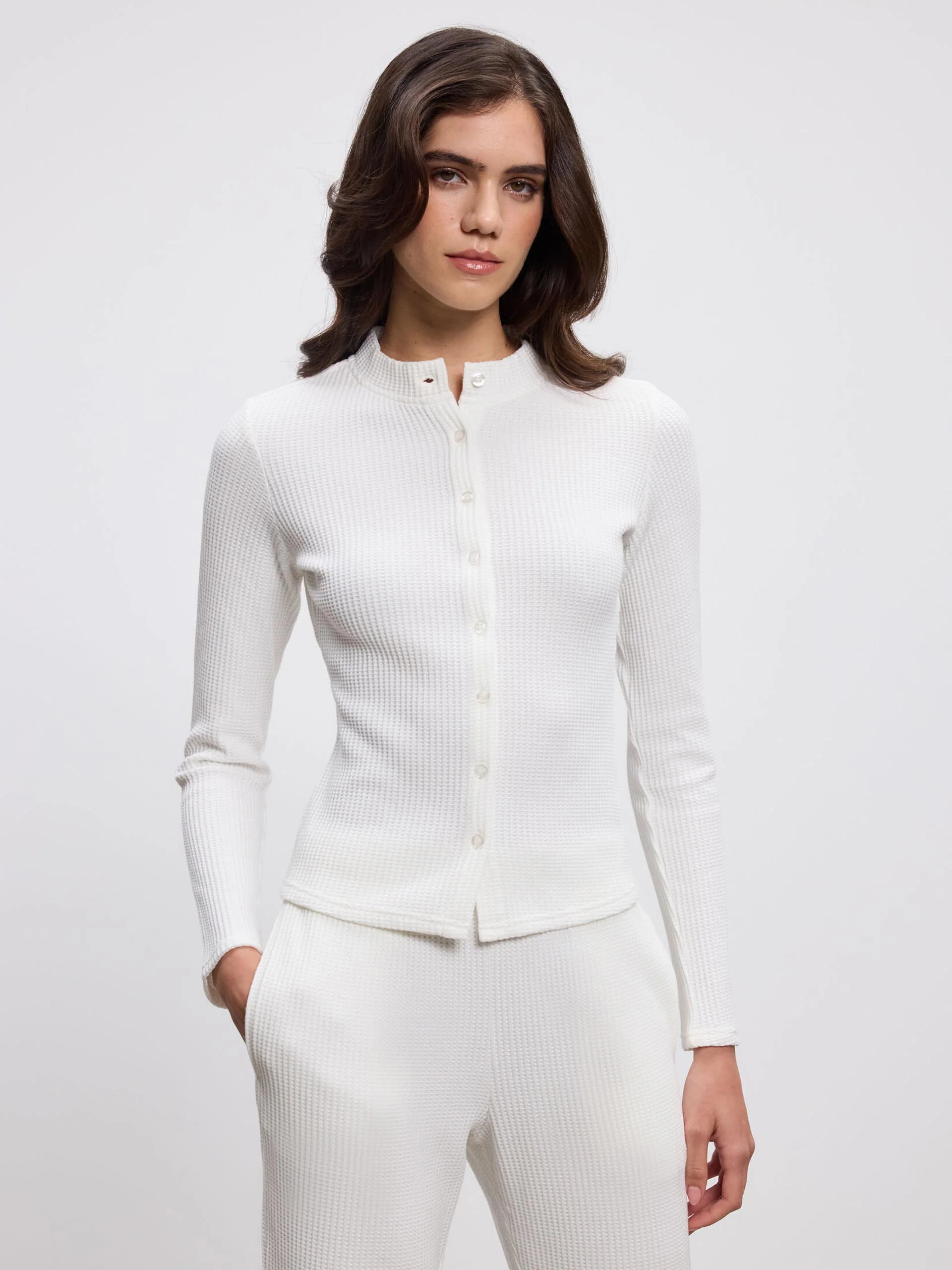 Womens Waffle Button Through Cardigan in Ecru - Image 5