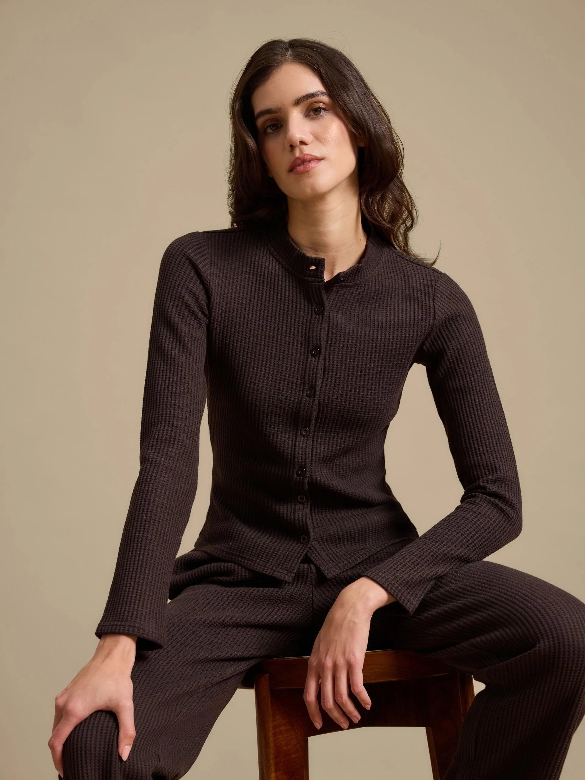 Womens Waffle Straight Leg Trouser in Brown - Image 2
