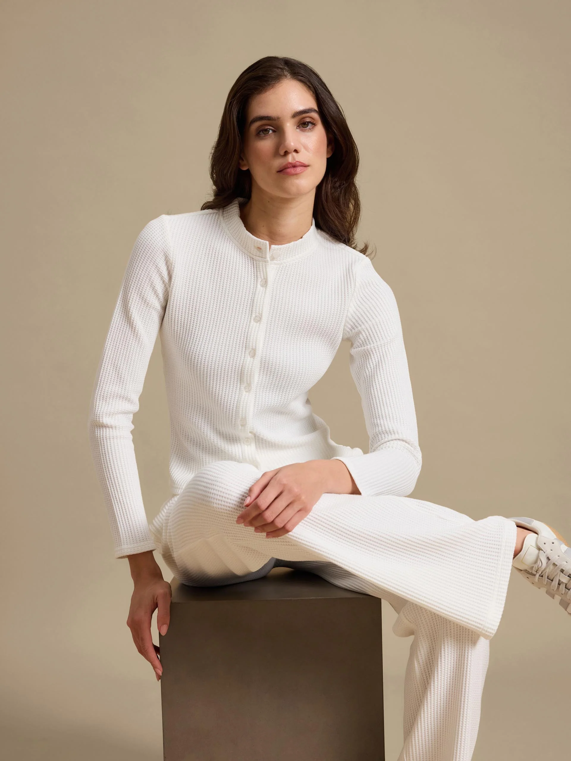 Womens Waffle Straight Leg Trouser in Ecru - Image 6