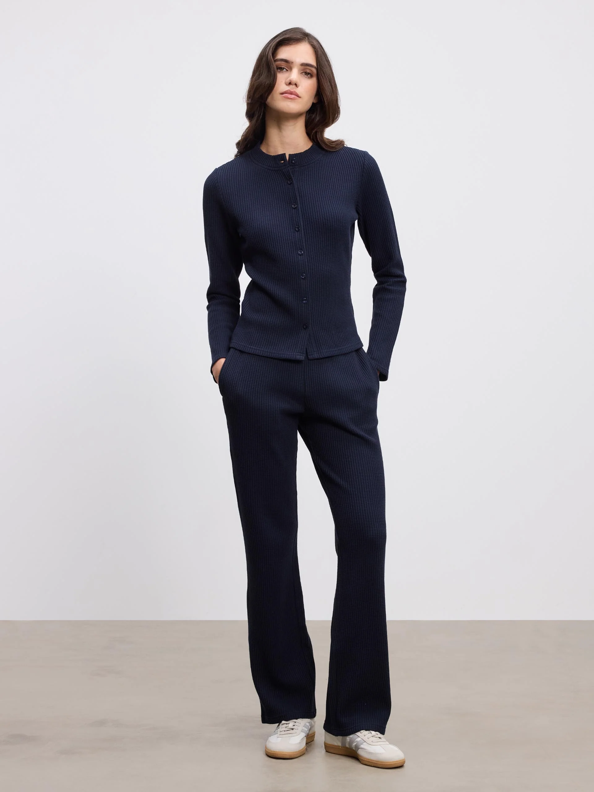 Womens Waffle Straight Leg Trouser in Navy - Image 3